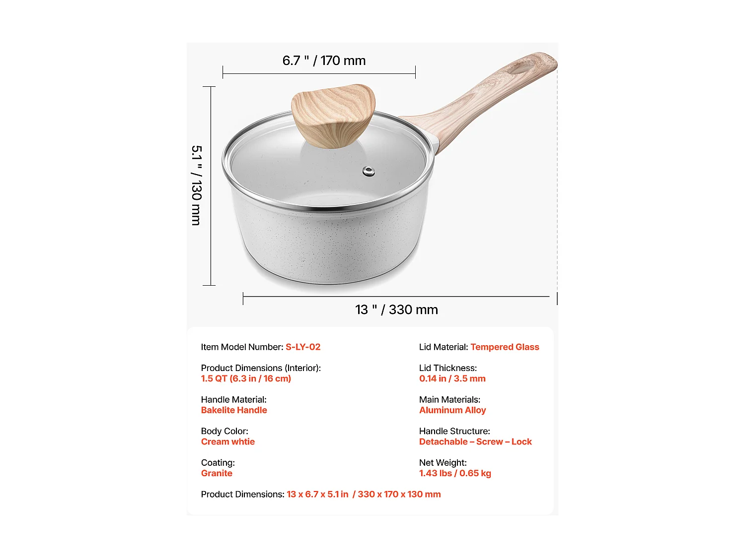 Casserole SucceBuy de 1,4 L, Poêlon avec Revêtement Antiadhésif, Couvercle en Verre Trempé Et Poignée Amovible, Multifonctions, Marmite Compatible avec Cuisine