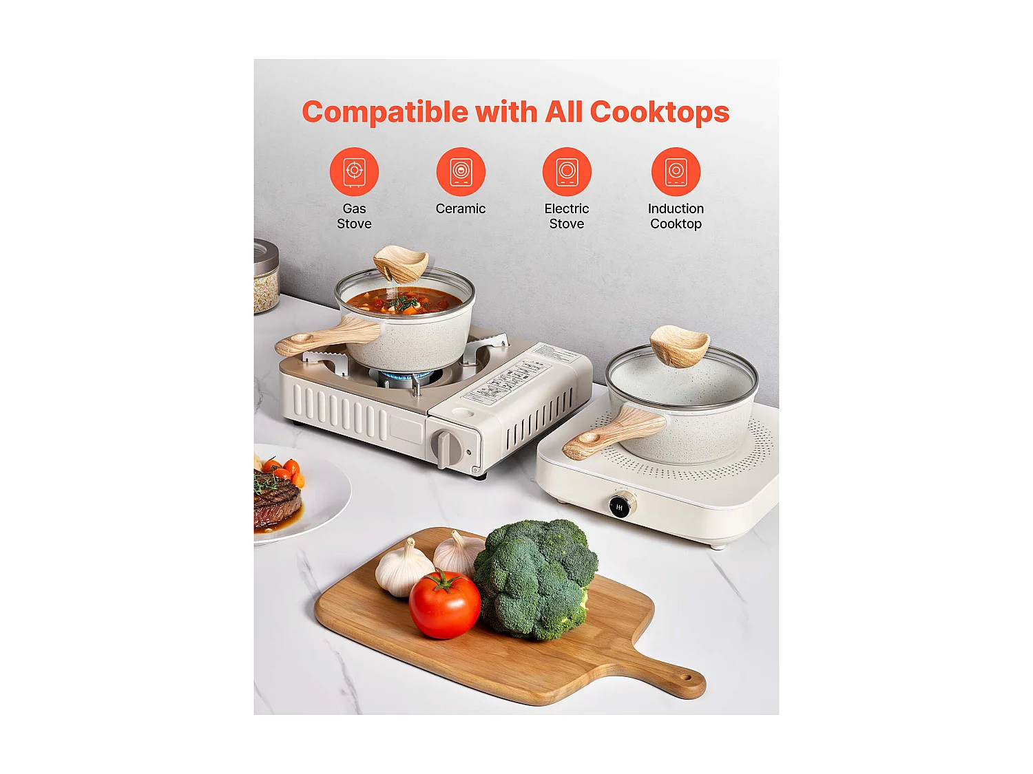 Casserole SucceBuy de 1,4 L, Poêlon avec Revêtement Antiadhésif, Couvercle en Verre Trempé Et Poignée Amovible, Multifonctions, Marmite Compatible avec Cuisine