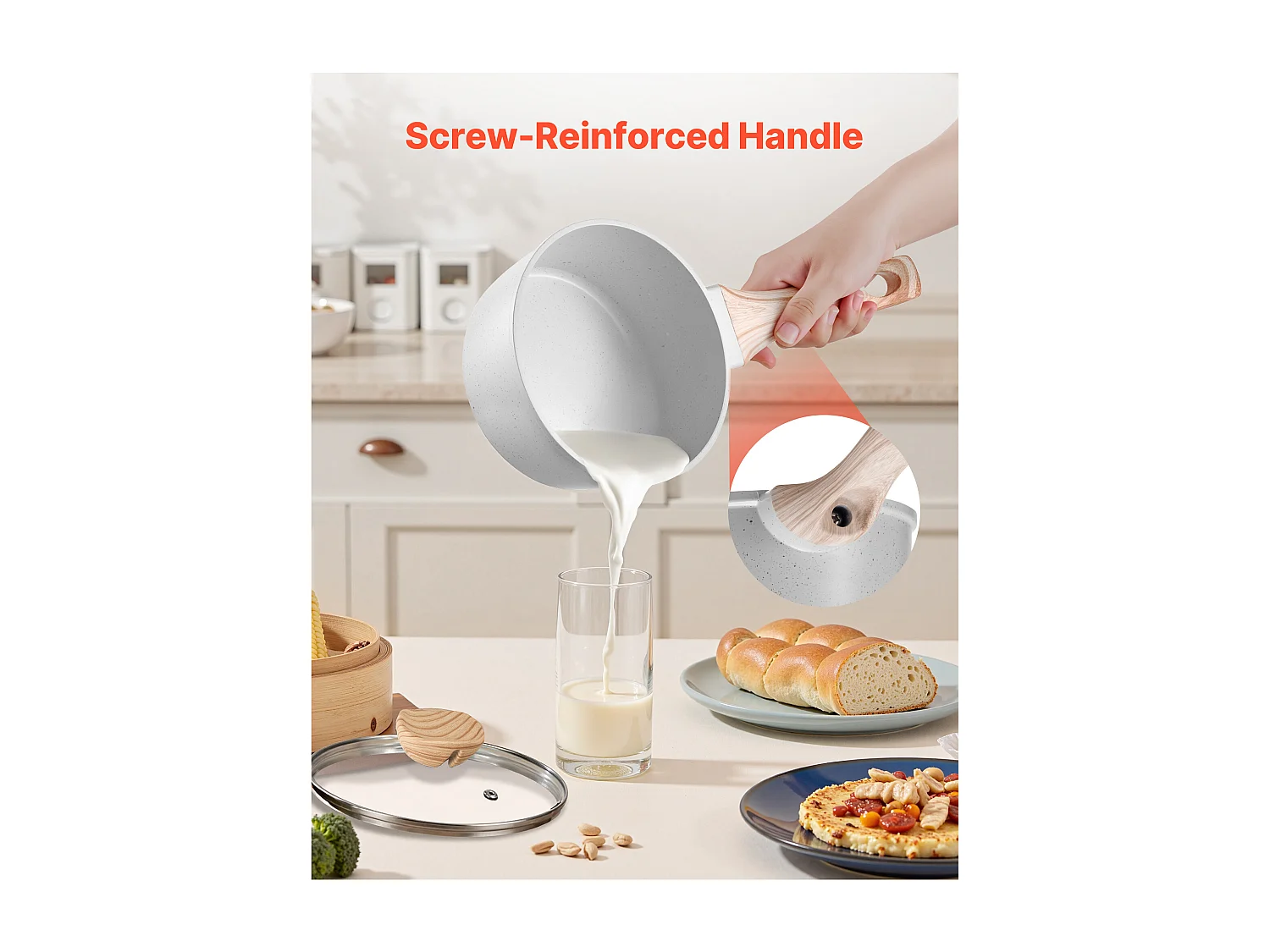 Casserole SucceBuy de 1,4 L, Poêlon avec Revêtement Antiadhésif, Couvercle en Verre Trempé Et Poignée Amovible, Multifonctions, Marmite Compatible avec Cuisine