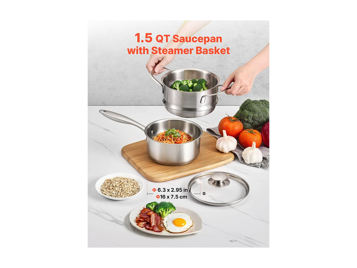 Casserole SucceBuy en Acier Inoxydable 1,4 L avec Panier Vapeur, Poêlon avec Couvercle en Verre Et Poignée Ergonomique, Lavable au Lave-vaisselle