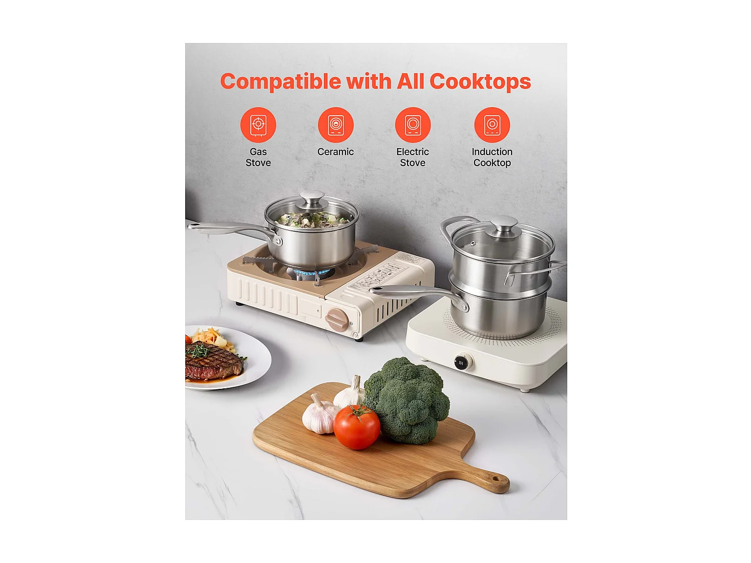 Casserole SucceBuy en Acier Inoxydable 1,4 L avec Panier Vapeur, Poêlon avec Couvercle en Verre Et Poignée Ergonomique, Lavable au Lave-vaisselle