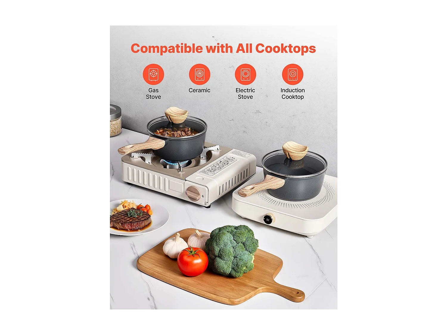 Casserole SucceBuy de 1,4 L, Poêlon avec Revêtement Antiadhésif, Couvercle en Verre Trempé Et Poignée Amovible, Multifonctions, Marmite Compatible avec Cuisine