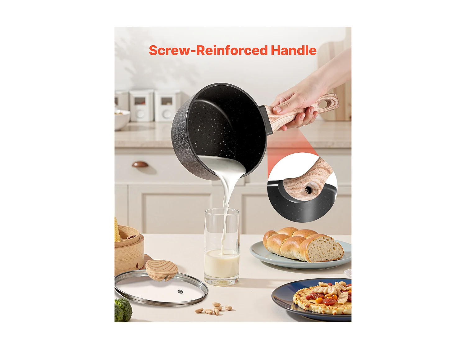 Casserole SucceBuy de 1,4 L, Poêlon avec Revêtement Antiadhésif, Couvercle en Verre Trempé Et Poignée Amovible, Multifonctions, Marmite Compatible avec Cuisine