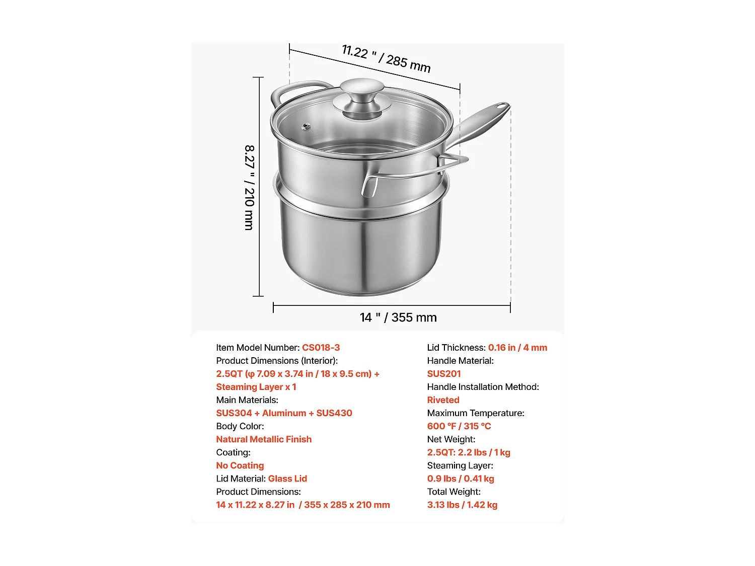 Casserole SucceBuy en Acier Inoxydable 2,4 L avec Panier Vapeur, Poêlon avec Couvercle en Verre Et Poignée Ergonomique, Lavable au Lave-vaisselle
