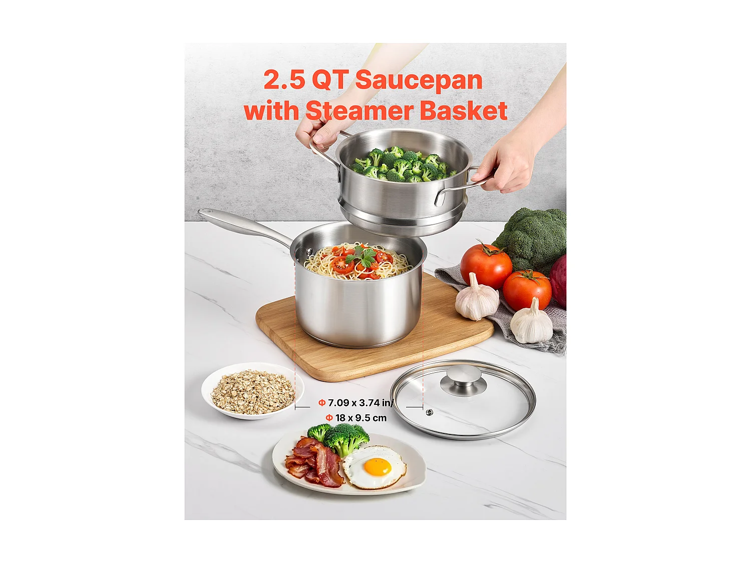 Casserole SucceBuy en Acier Inoxydable 2,4 L avec Panier Vapeur, Poêlon avec Couvercle en Verre Et Poignée Ergonomique, Lavable au Lave-vaisselle