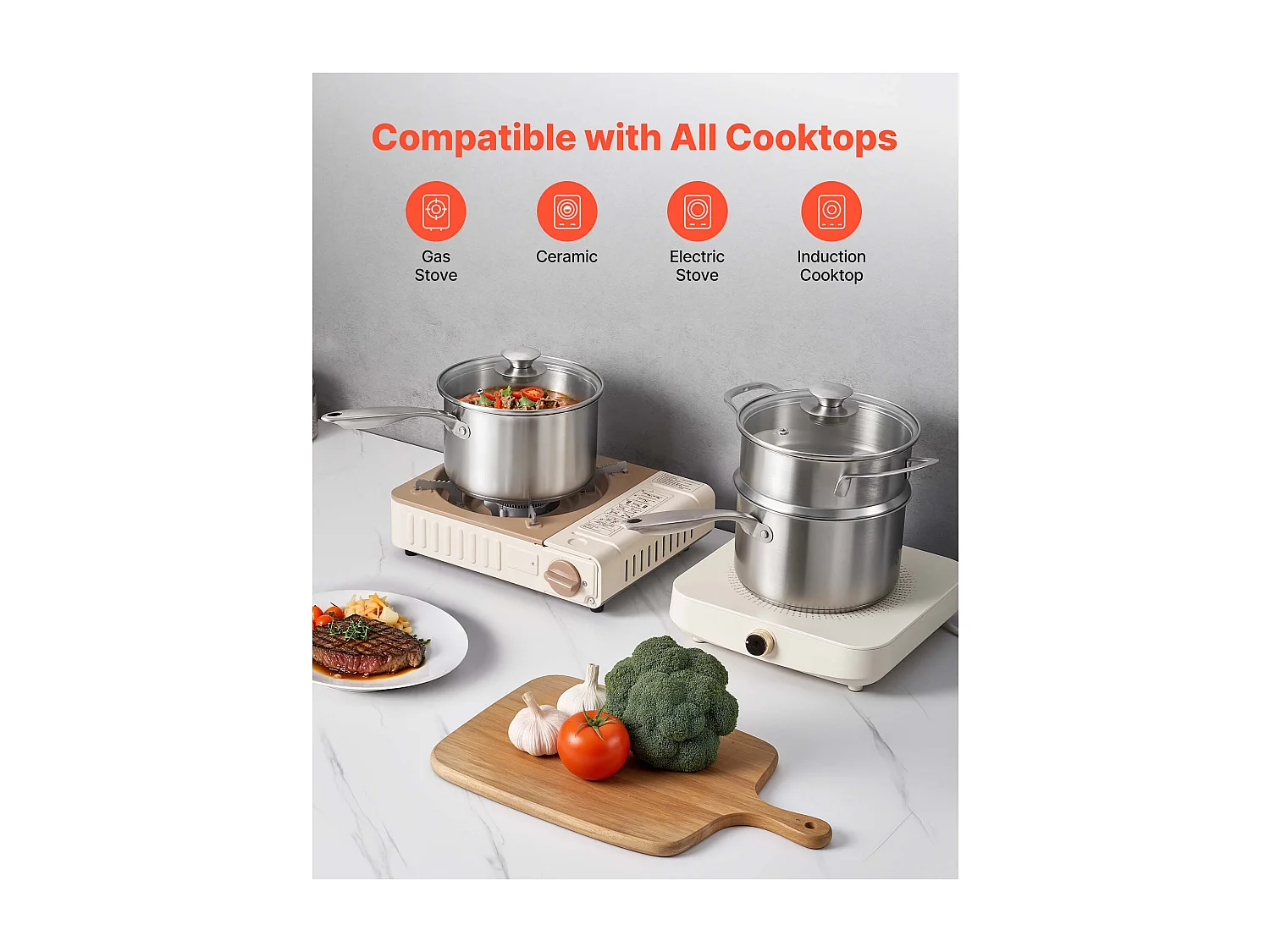 Casserole SucceBuy en Acier Inoxydable 2,4 L avec Panier Vapeur, Poêlon avec Couvercle en Verre Et Poignée Ergonomique, Lavable au Lave-vaisselle