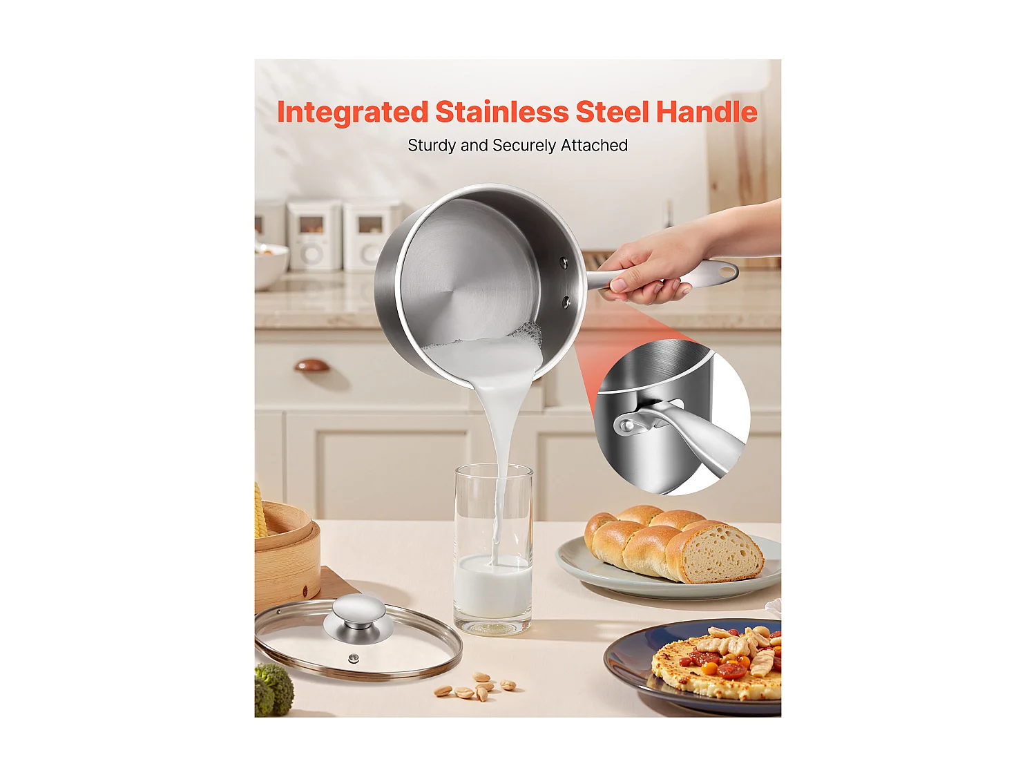 Casserole SucceBuy en Acier Inoxydable 2,4 L avec Panier Vapeur, Poêlon avec Couvercle en Verre Et Poignée Ergonomique, Lavable au Lave-vaisselle