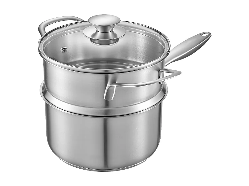 Casseruola SucceBuy in Acciaio Inossidabile 2,4 L con Cestello Vapore, Pentolino con Coperchio in Vetro E Manico Ergonomico, Lavabile in Lavastoviglie