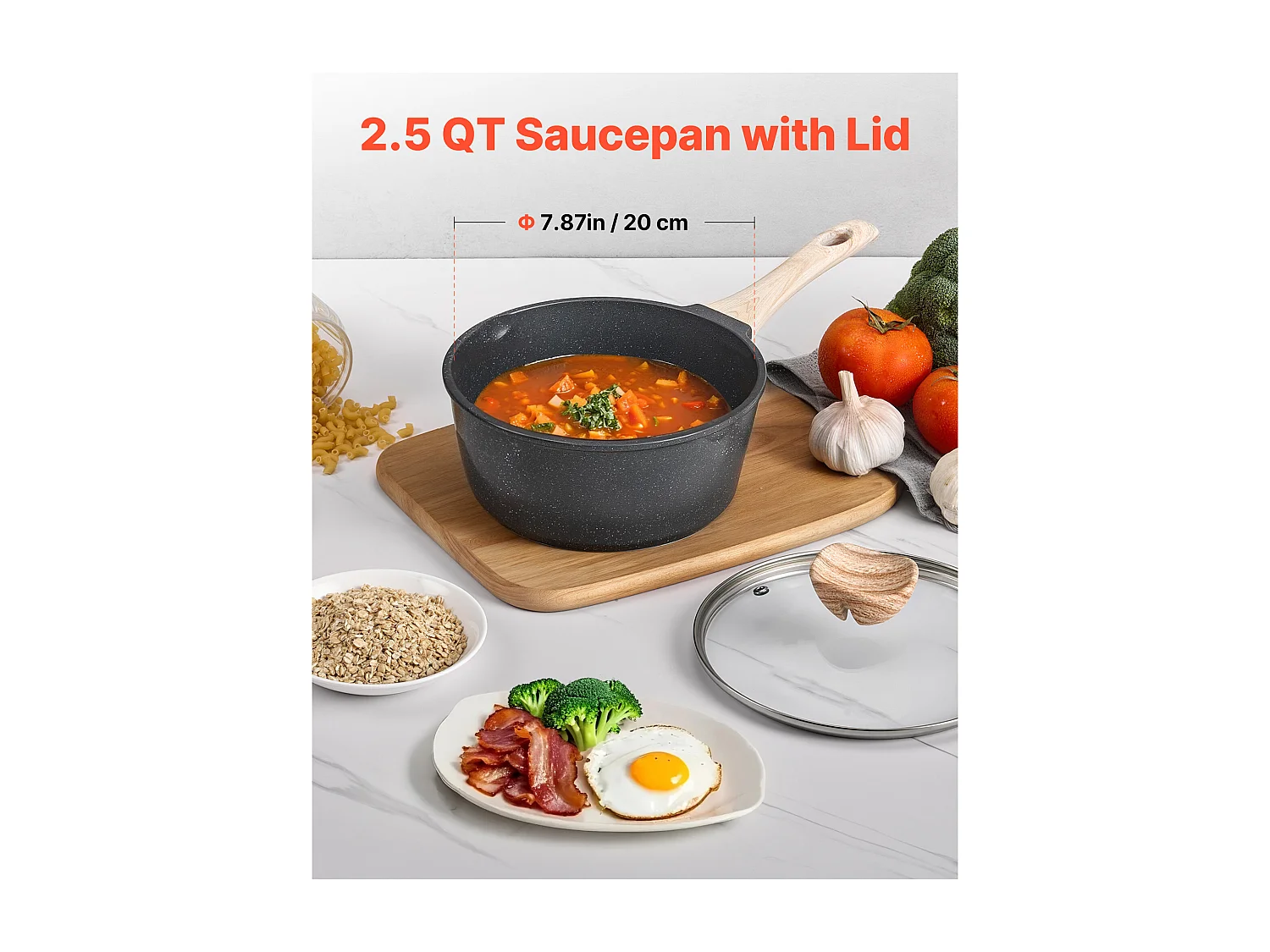 Casserole SucceBuy de 2,4 L, Poêlon avec Revêtement Antiadhésif, Couvercle en Verre Trempé Et Poignée Amovible, Multifonctions, Marmite Compatible avec Cuisine