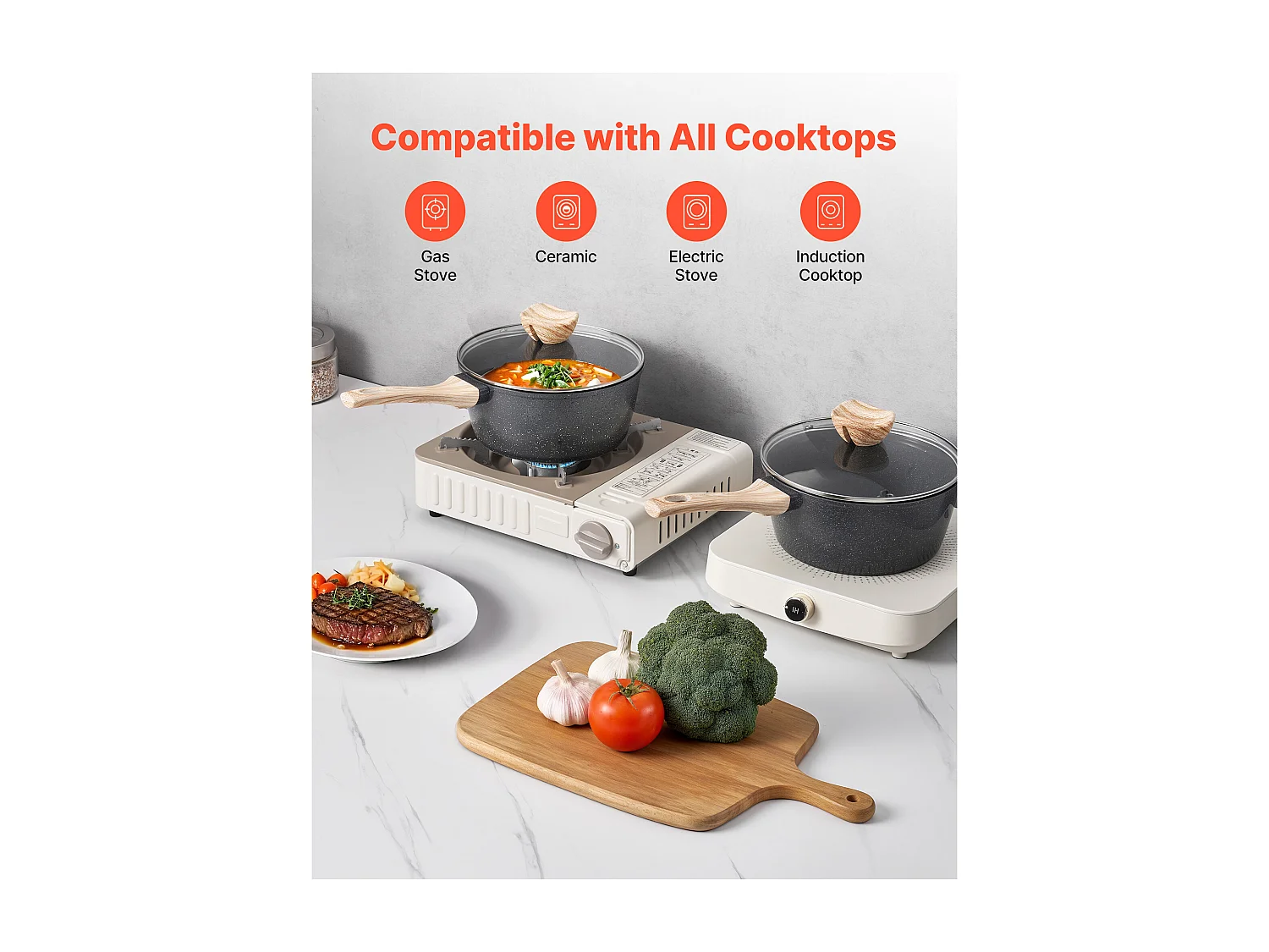 Casserole SucceBuy de 2,4 L, Poêlon avec Revêtement Antiadhésif, Couvercle en Verre Trempé Et Poignée Amovible, Multifonctions, Marmite Compatible avec Cuisine