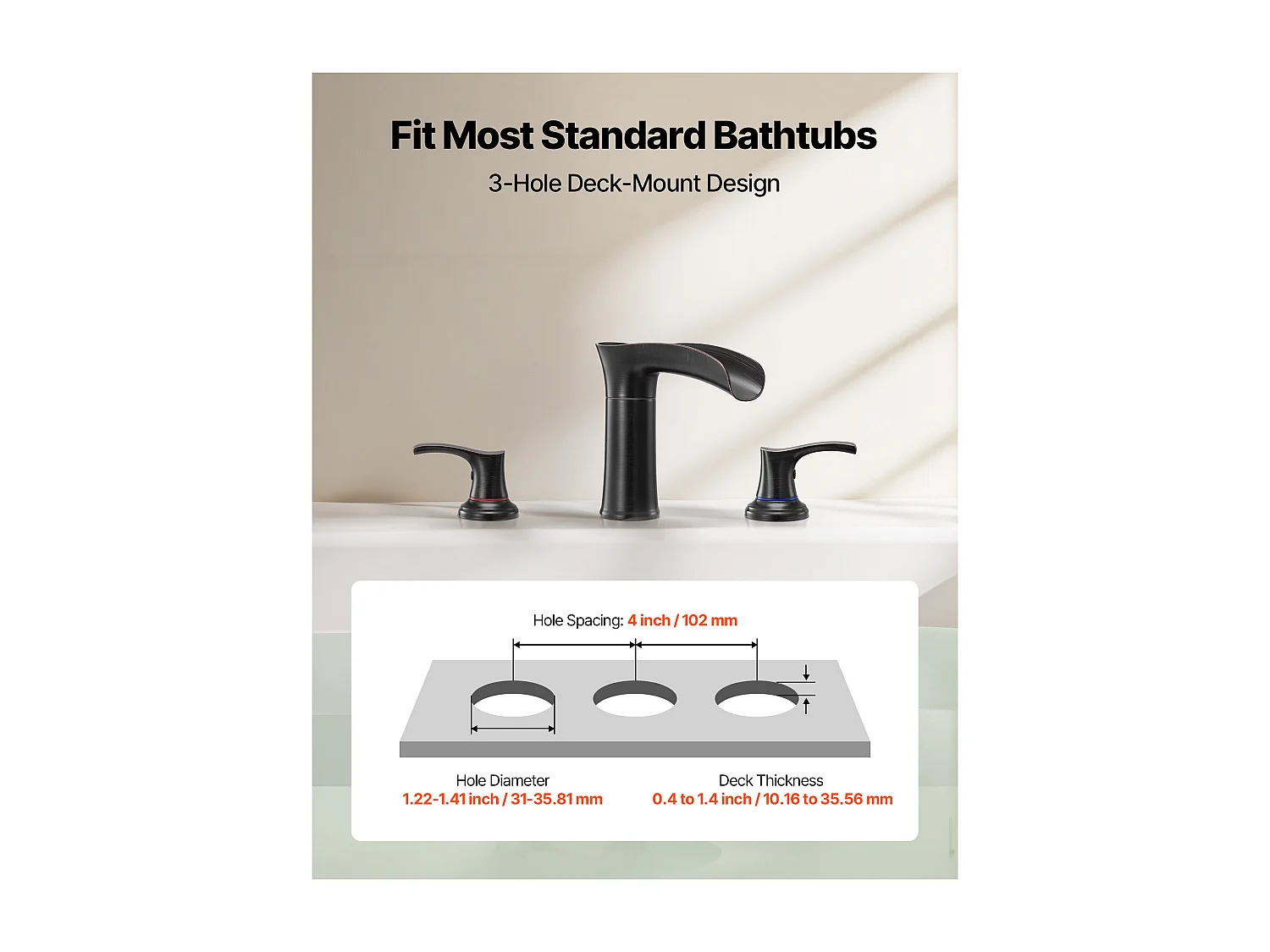 Mitigeur de Baignoire Romaine SucceBuy, Robinet de Baignoire à 3 Trous, Cascade, en Alliage de Zinc, avec 2 Poignées, Anti-goutte, Bronze Huilé