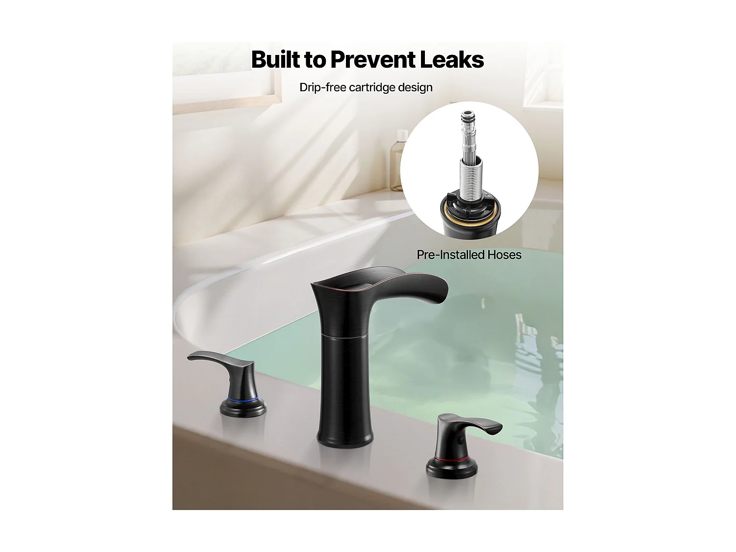 Mitigeur de Baignoire Romaine SucceBuy, Robinet de Baignoire à 3 Trous, Cascade, en Alliage de Zinc, avec 2 Poignées, Anti-goutte, Bronze Huilé