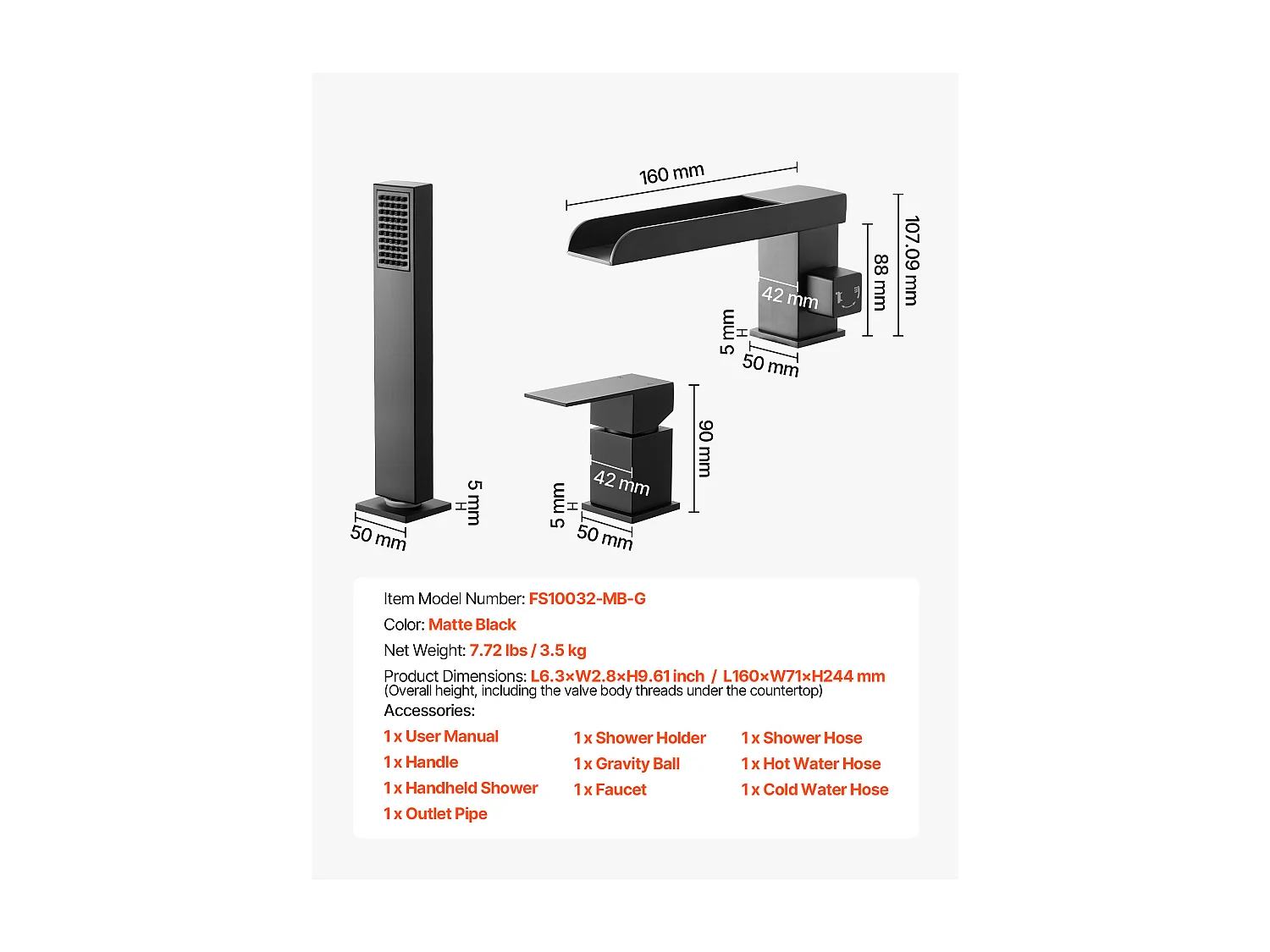 Grifo de Bañera Romana SucceBuy, Grifo de Bañera con 3 Agujeros, Cascada, con Cabezal de Ducha y Una Asa, en Acero Inoxidable, Negro Mate