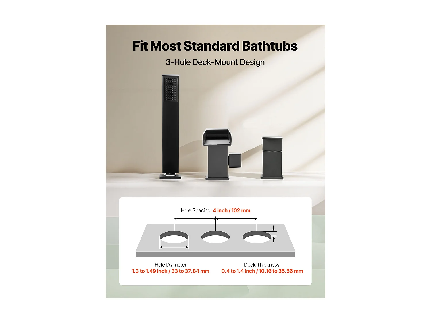 Grifo de Bañera Romana SucceBuy, Grifo de Bañera con 3 Agujeros, Cascada, con Cabezal de Ducha y Una Asa, en Acero Inoxidable, Negro Mate