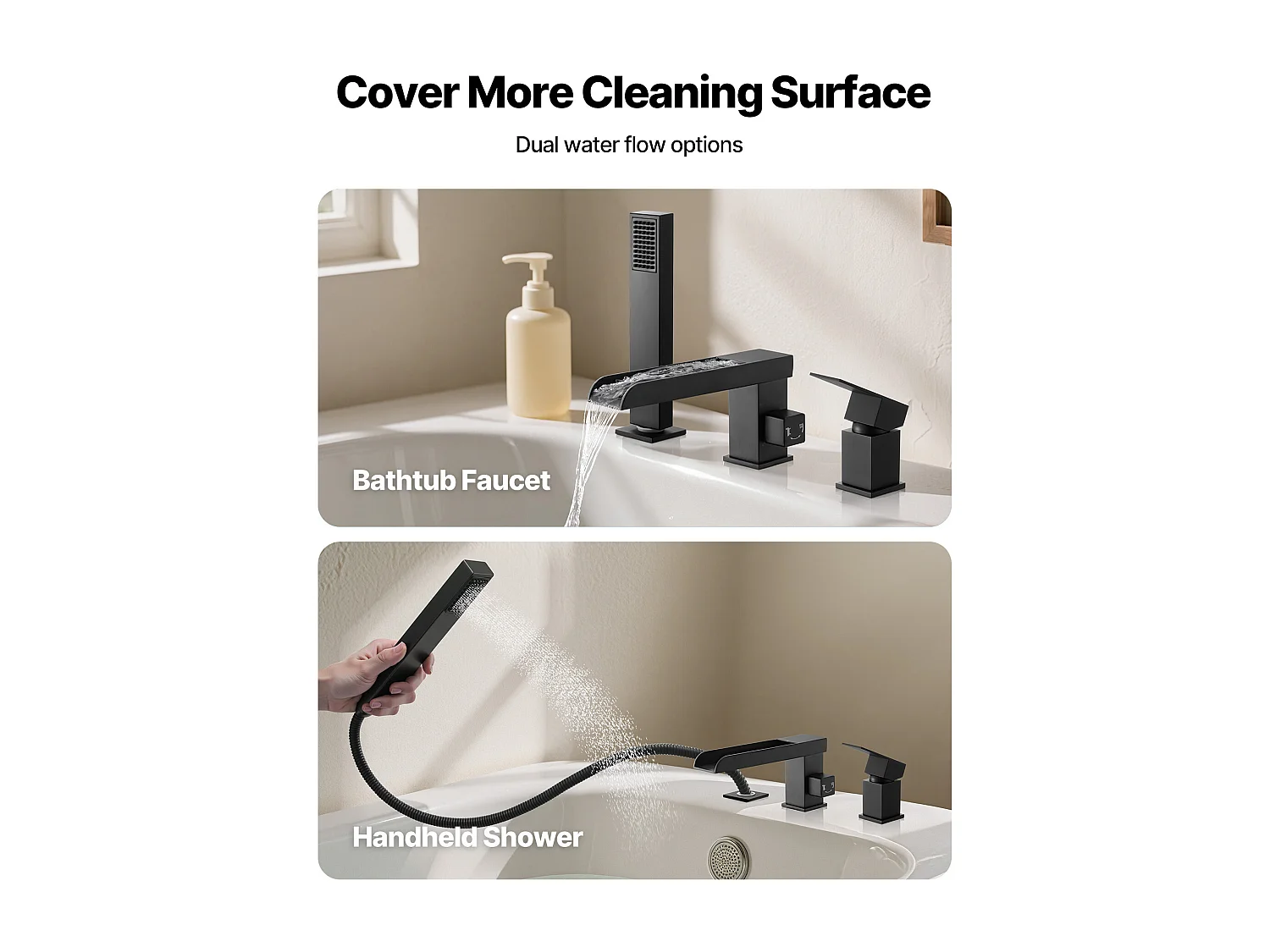 Grifo de Bañera Romana SucceBuy, Grifo de Bañera con 3 Agujeros, Cascada, con Cabezal de Ducha y Una Asa, en Acero Inoxidable, Negro Mate