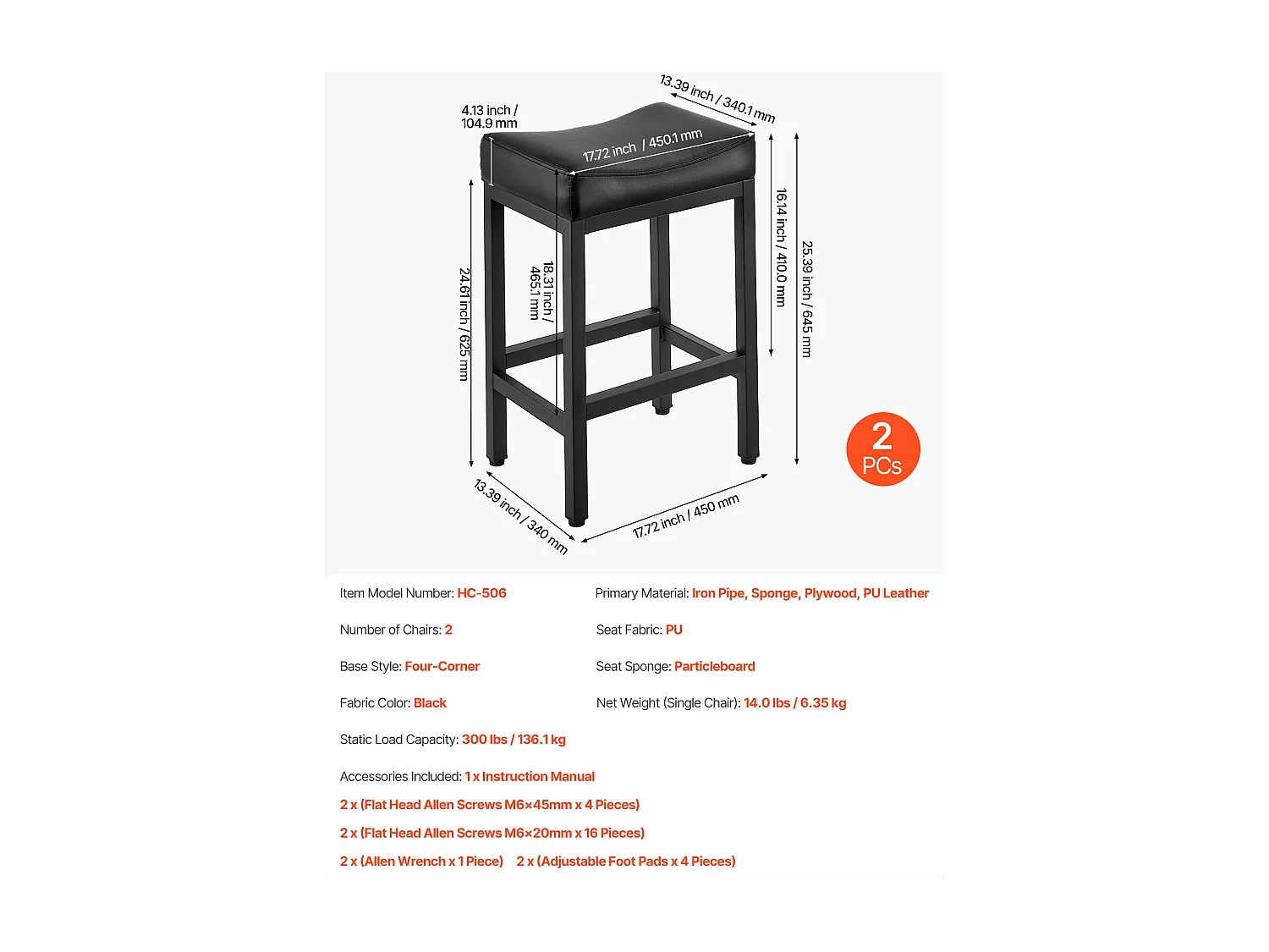 Tabouret de Bar SucceBuy, Lot de 2, Chaise de Bar en Cuir Synthétique Confortable, 62.5 cm de Haut, avec Siège de Selle Et Pieds en Métal, sans Dossier, Noir