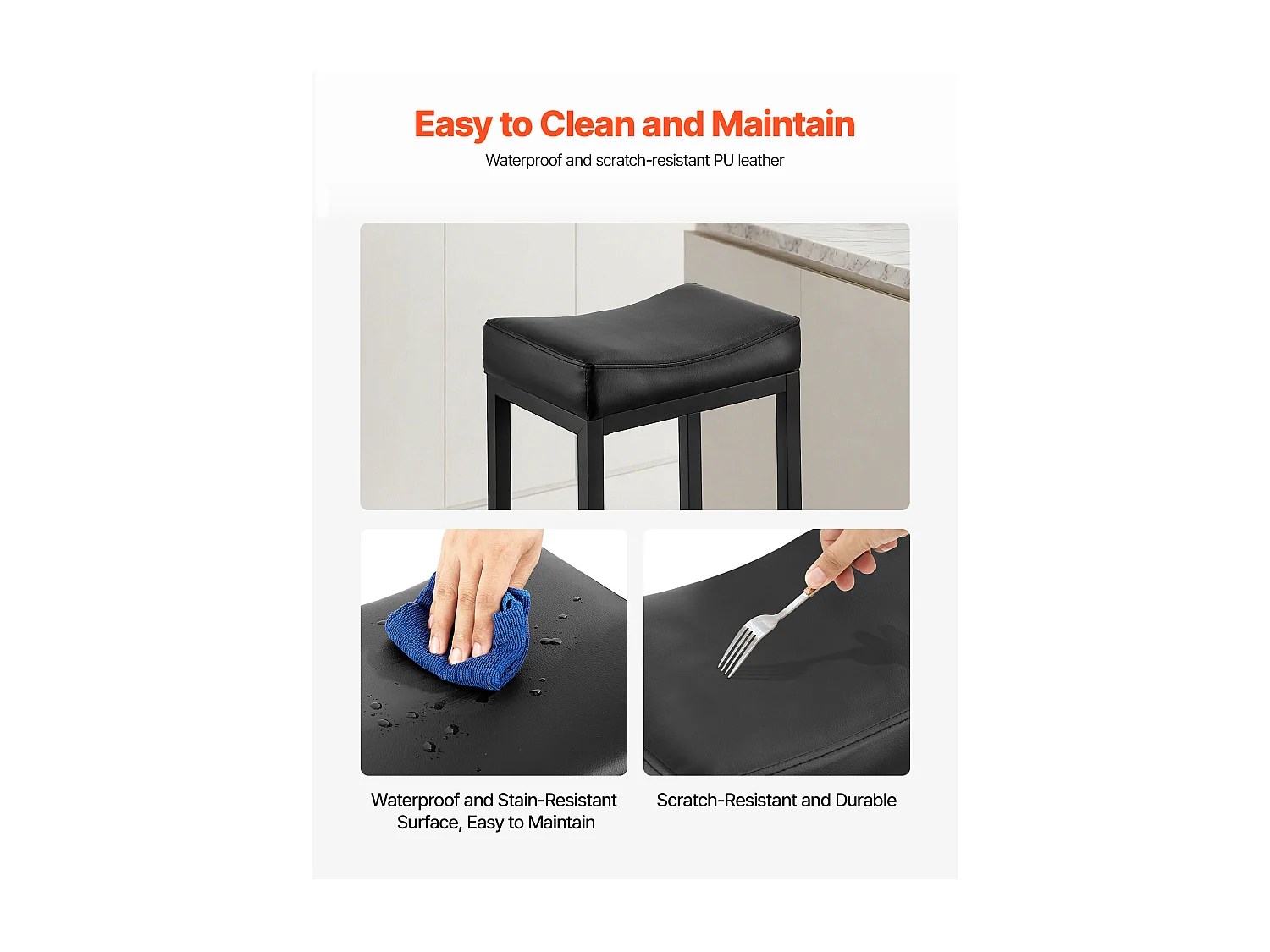 Tabouret de Bar SucceBuy, Lot de 2, Chaise de Bar en Cuir Synthétique Confortable, 62.5 cm de Haut, avec Siège de Selle Et Pieds en Métal, sans Dossier, Noir