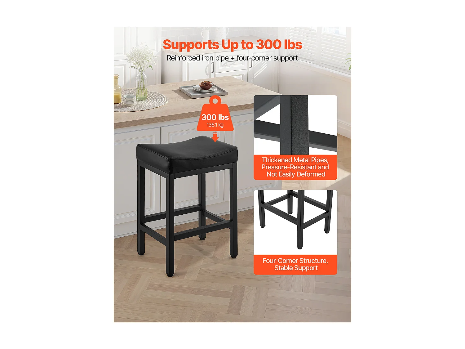 Tabouret de Bar SucceBuy, Lot de 2, Chaise de Bar en Cuir Synthétique Confortable, 62.5 cm de Haut, avec Siège de Selle Et Pieds en Métal, sans Dossier, Noir