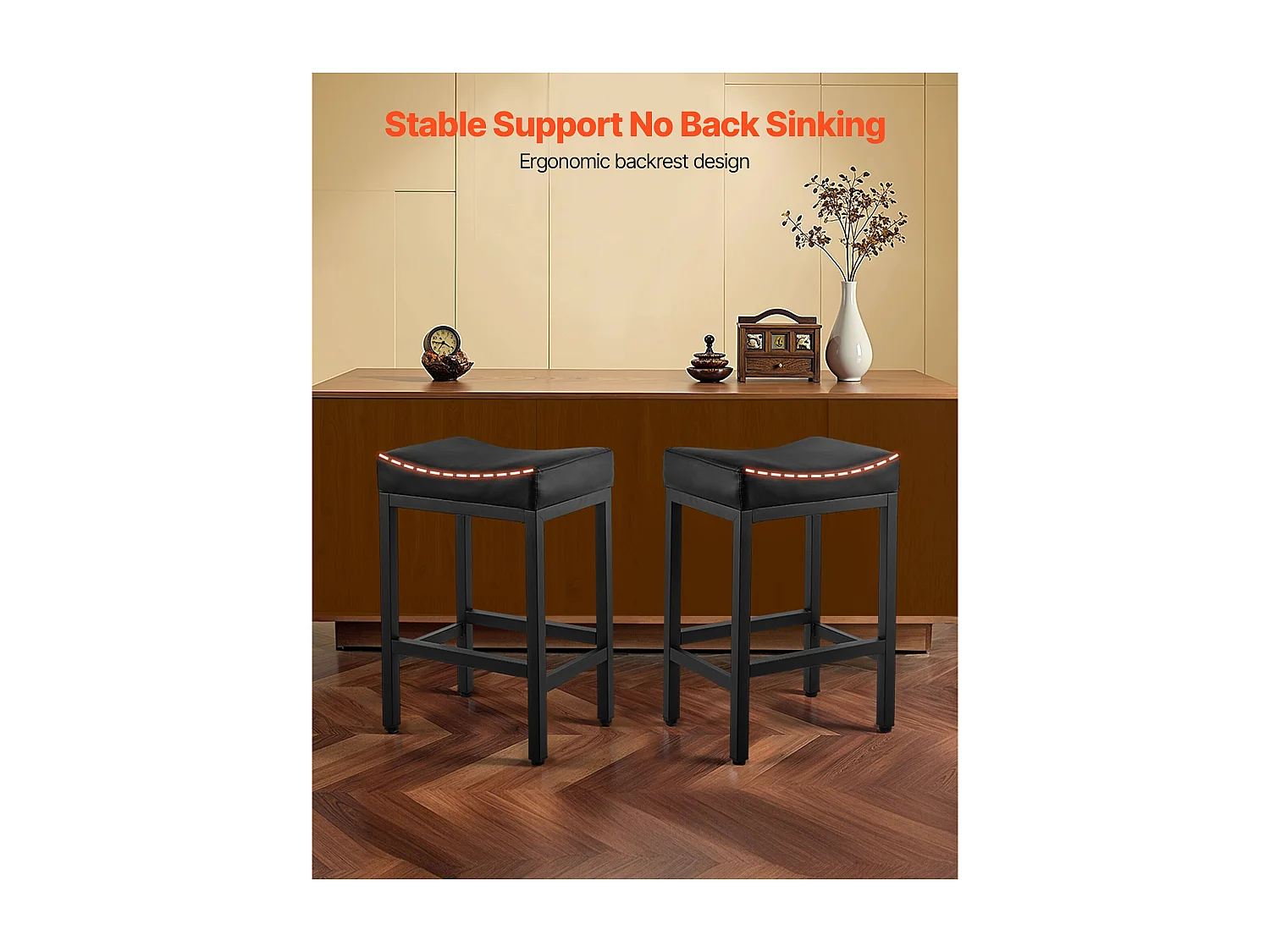 Tabouret de Bar SucceBuy, Lot de 2, Chaise de Bar en Cuir Synthétique Confortable, 62.5 cm de Haut, avec Siège de Selle Et Pieds en Métal, sans Dossier, Noir