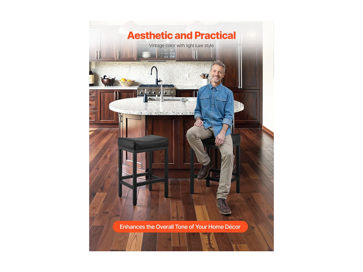 Tabouret de Bar SucceBuy, Lot de 2, Chaise de Bar en Cuir Synthétique Confortable, 62.5 cm de Haut, avec Siège de Selle Et Pieds en Métal, sans Dossier, Noir