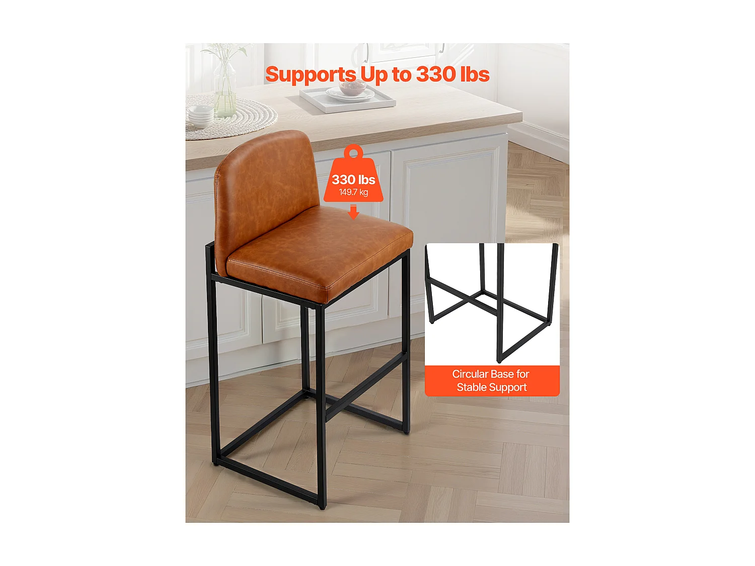 Barstoel SucceBuy, Set van 4, Comfortabele Barstoel in PU Leer, 68 cm Hoog, Keukenstoel met Rugleuning En Metalen Voeten, Bruin