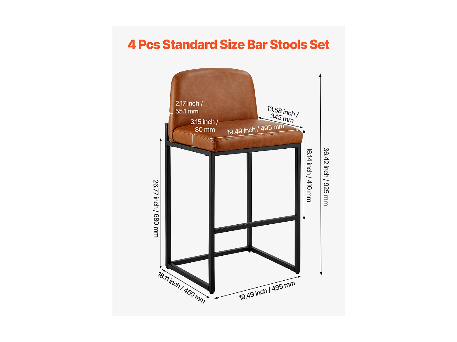 Barstoel SucceBuy, Set van 4, Comfortabele Barstoel in PU Leer, 68 cm Hoog, Keukenstoel met Rugleuning En Metalen Voeten, Bruin