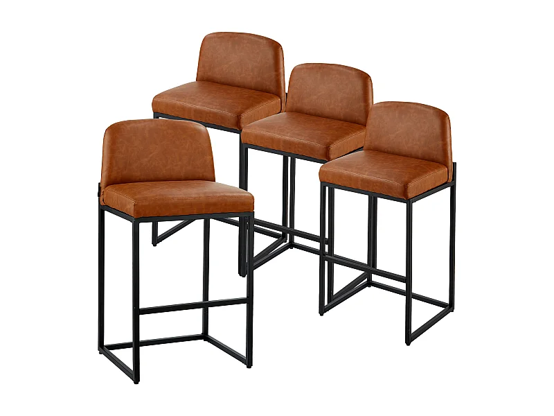 Barstoel SucceBuy, Set van 4, Comfortabele Barstoel in PU Leer, 68 cm Hoog, Keukenstoel met Rugleuning En Metalen Voeten, Bruin