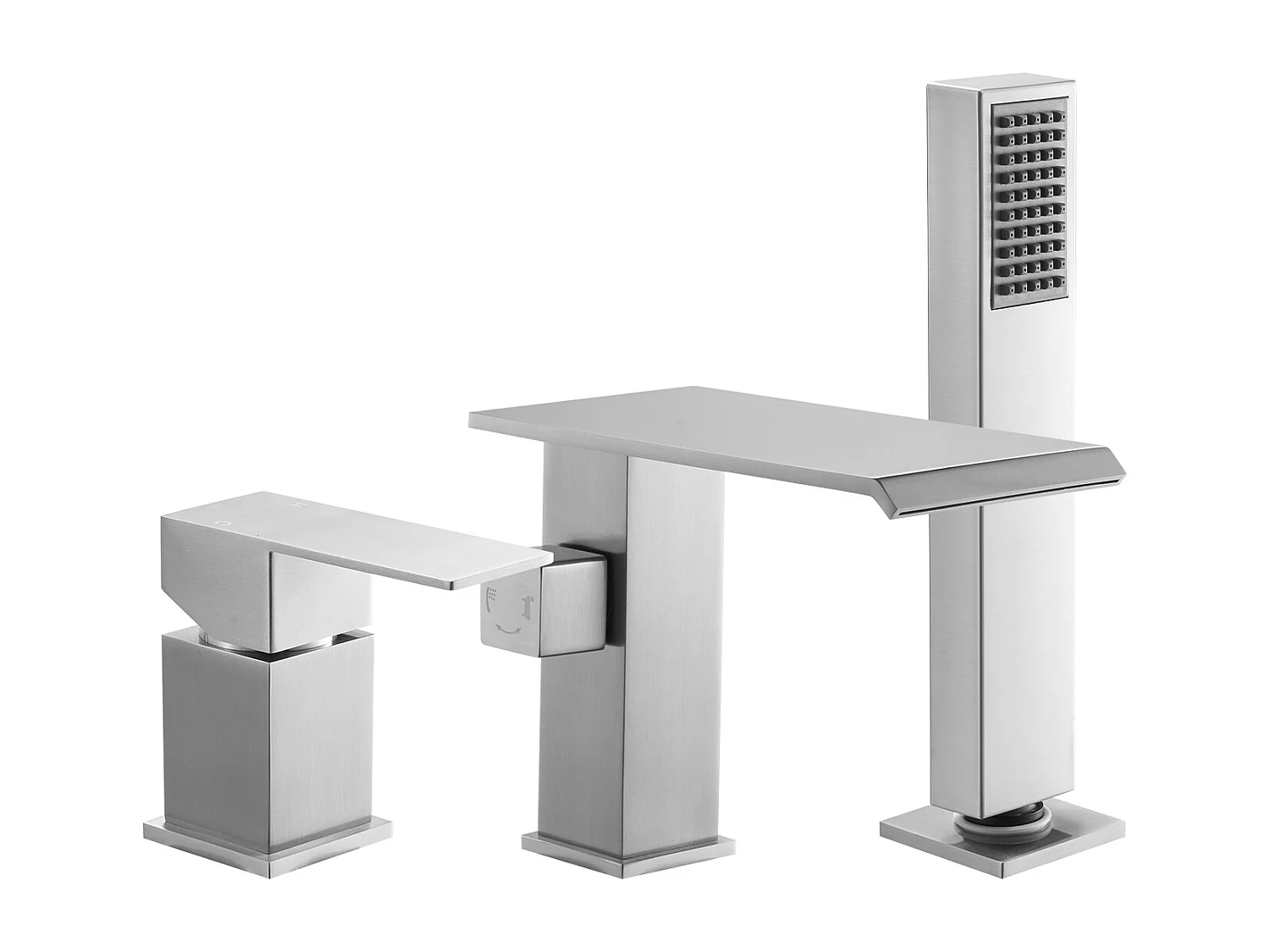 Grifo de Bañera Romana SucceBuy, Grifo de Baño 3 Agujeros, Cascada, con Cabezal de Ducha y 1 Asa, en Acero Inoxidable Cepillado, para Cuarto de Baño