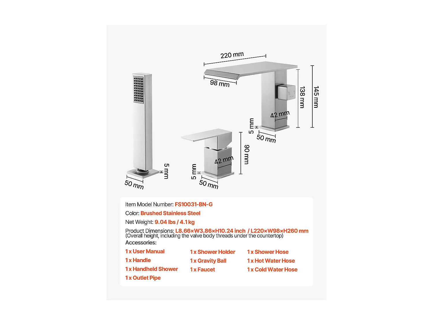 Grifo de Bañera Romana SucceBuy, Grifo de Baño 3 Agujeros, Cascada, con Cabezal de Ducha y 1 Asa, en Acero Inoxidable Cepillado, para Cuarto de Baño