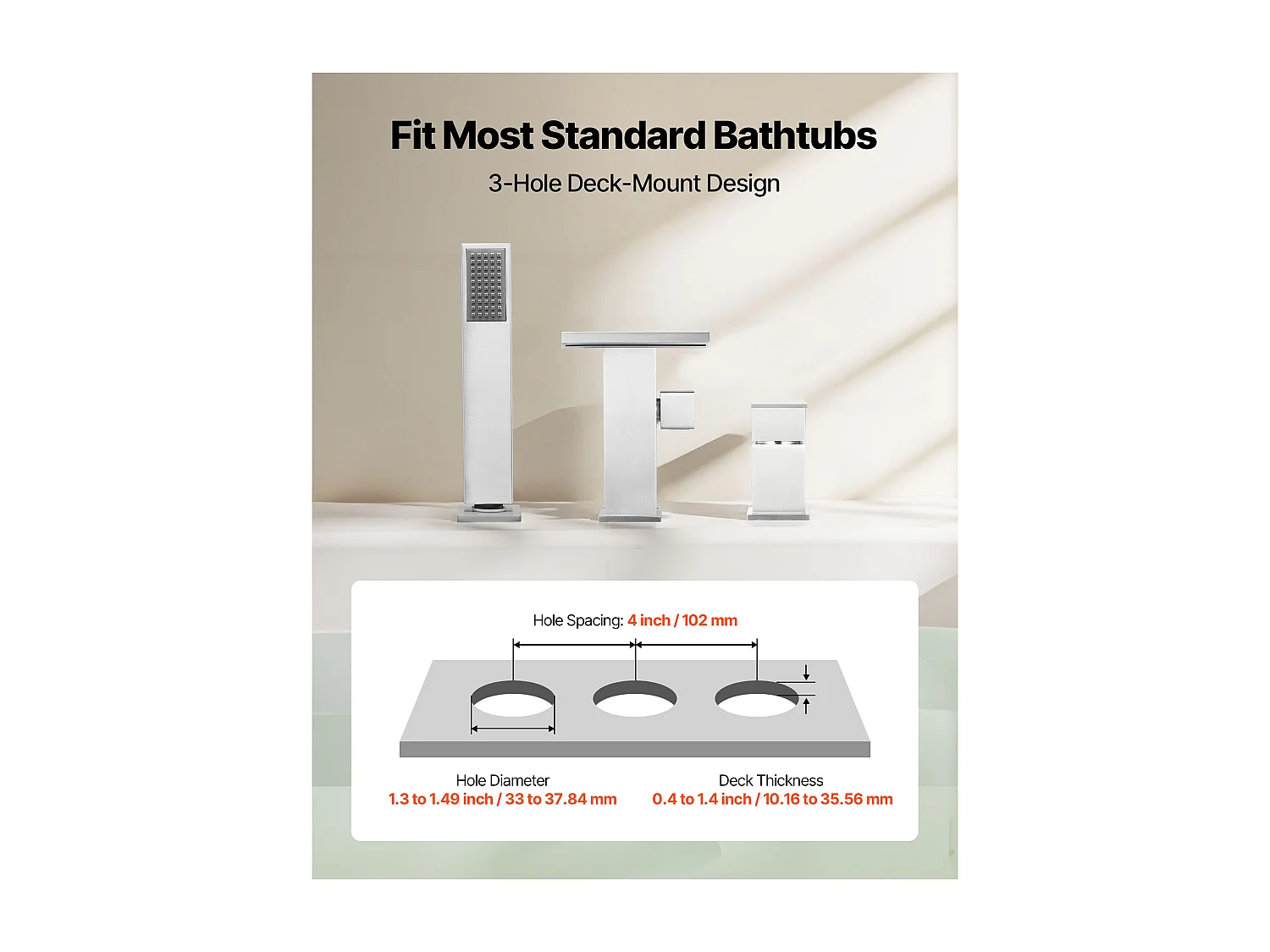 Grifo de Bañera Romana SucceBuy, Grifo de Baño 3 Agujeros, Cascada, con Cabezal de Ducha y 1 Asa, en Acero Inoxidable Cepillado, para Cuarto de Baño