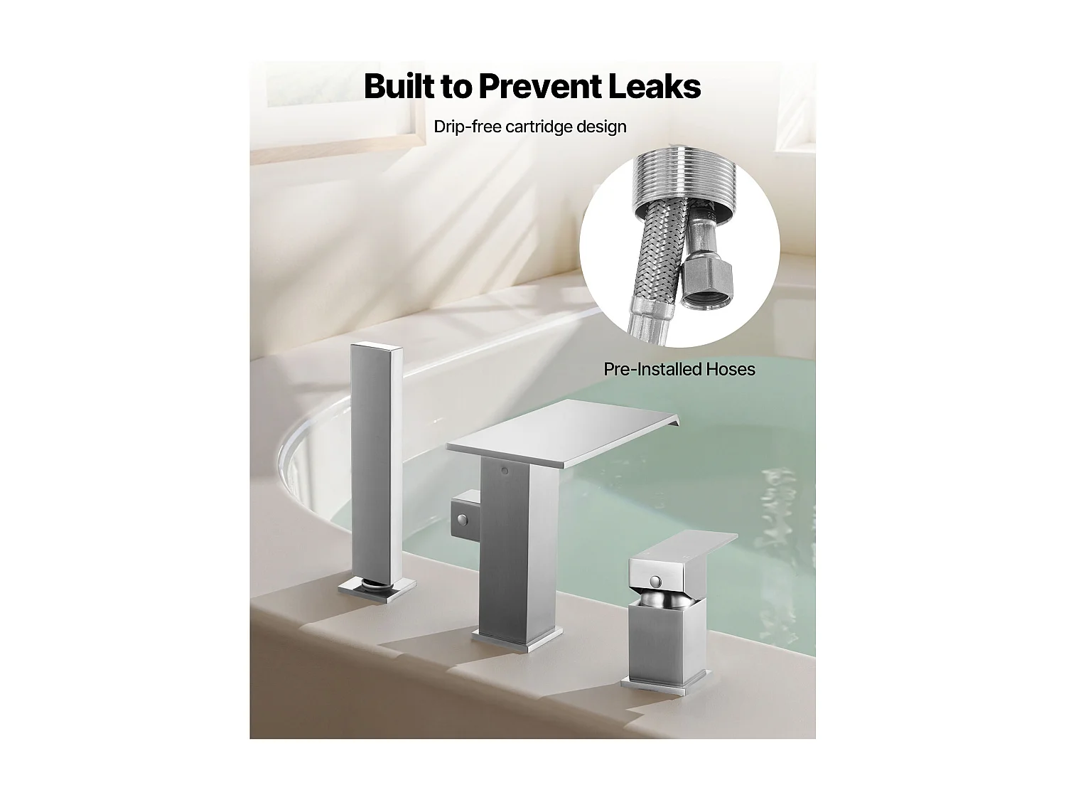 Grifo de Bañera Romana SucceBuy, Grifo de Baño 3 Agujeros, Cascada, con Cabezal de Ducha y 1 Asa, en Acero Inoxidable Cepillado, para Cuarto de Baño