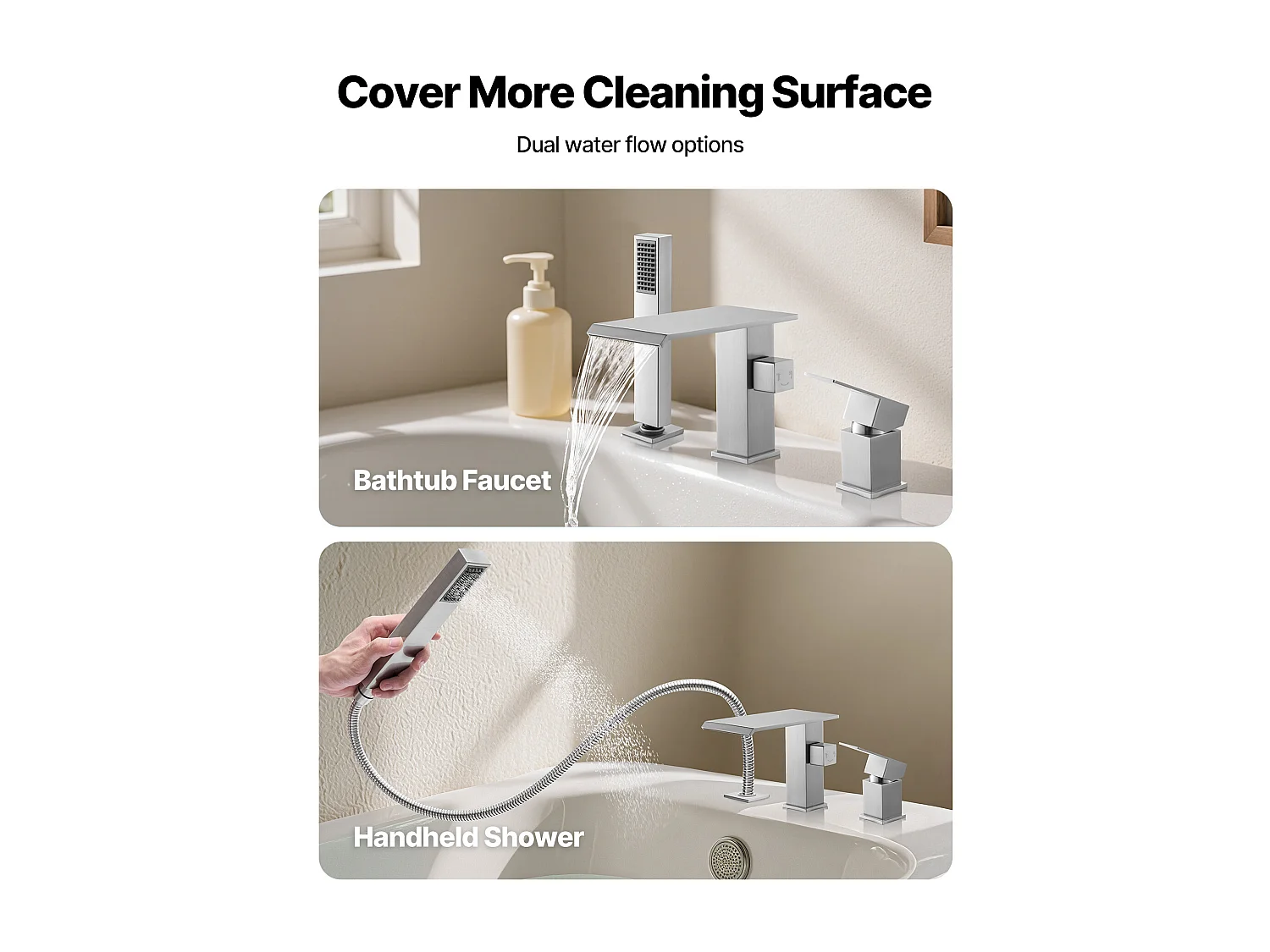 Grifo de Bañera Romana SucceBuy, Grifo de Baño 3 Agujeros, Cascada, con Cabezal de Ducha y 1 Asa, en Acero Inoxidable Cepillado, para Cuarto de Baño