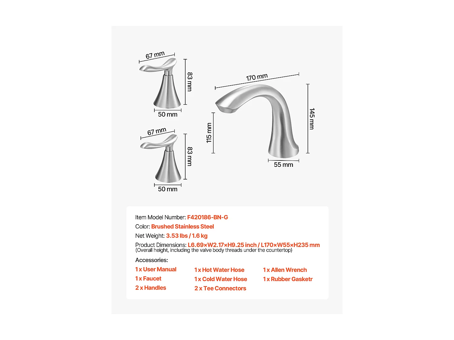 Bateria Wanna Rzymska SucceBuy, Kran do Wanny z Łabędzią Szyją z 3 Otworami i 2 Gałkami, Zestaw Armatury Łazienkowej z Montażem