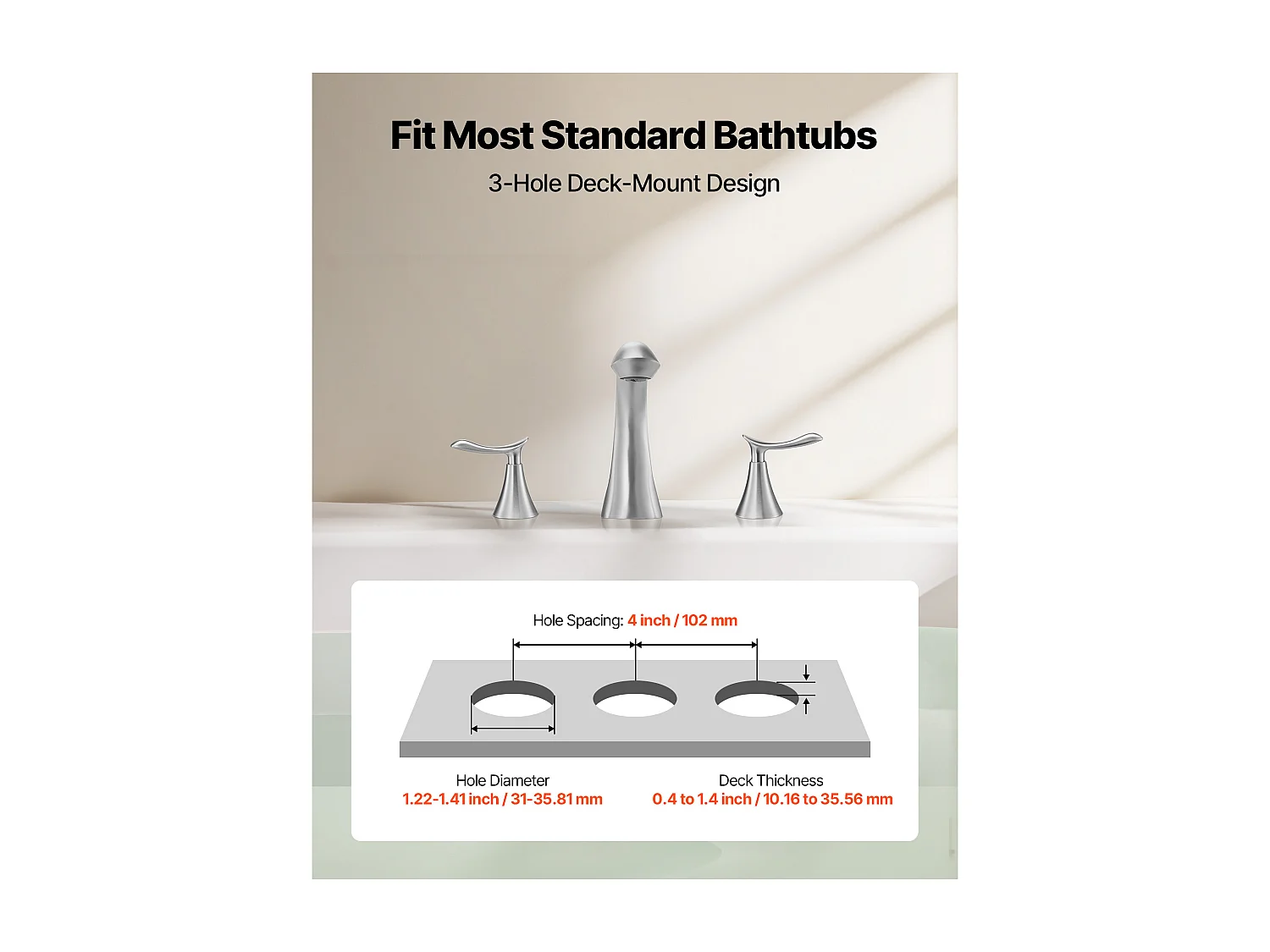 Bateria Wanna Rzymska SucceBuy, Kran do Wanny z Łabędzią Szyją z 3 Otworami i 2 Gałkami, Zestaw Armatury Łazienkowej z Montażem