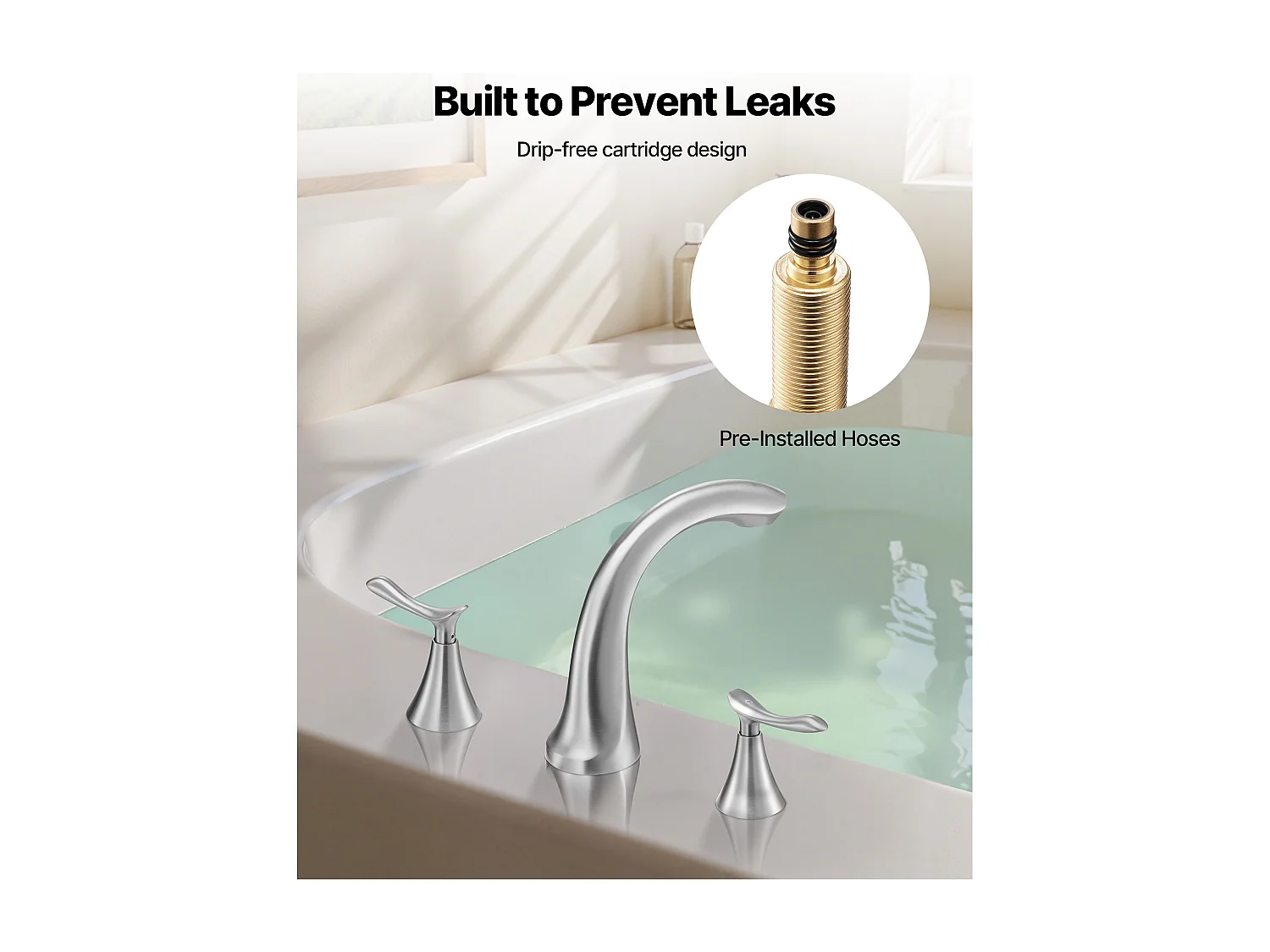 Bateria Wanna Rzymska SucceBuy, Kran do Wanny z Łabędzią Szyją z 3 Otworami i 2 Gałkami, Zestaw Armatury Łazienkowej z Montażem