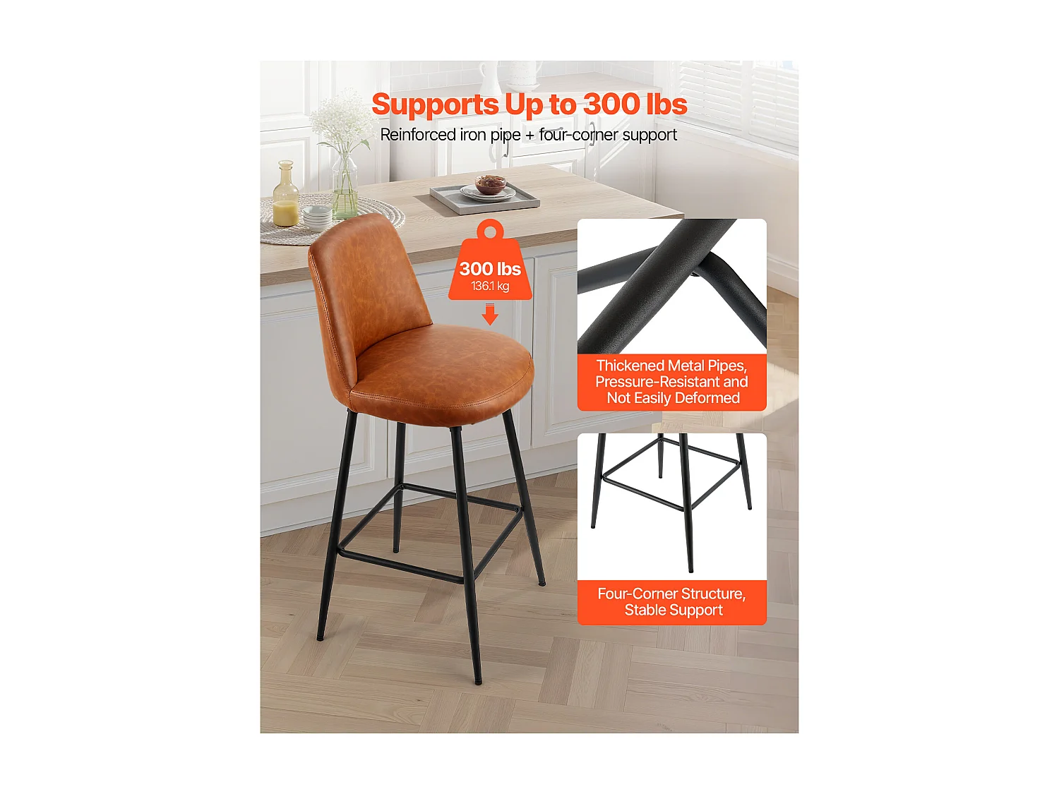 Taburete de Bar SucceBuy, Lote de 3, Silla de Bar Moderna en Piel de PU, Asiento de Cocina Giratorio, 68.6 cm de Alto, con Respaldo Y Pies en Metal, Marrón