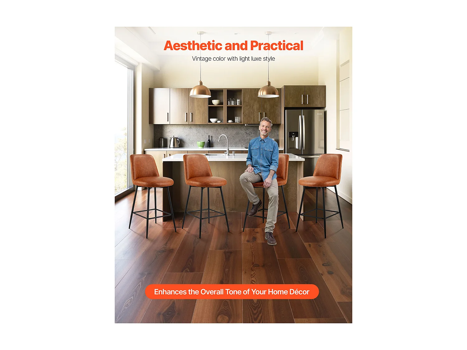 Taburete de Bar SucceBuy, Lote de 3, Silla de Bar Moderna en Piel de PU, Asiento de Cocina Giratorio, 68.6 cm de Alto, con Respaldo Y Pies en Metal, Marrón