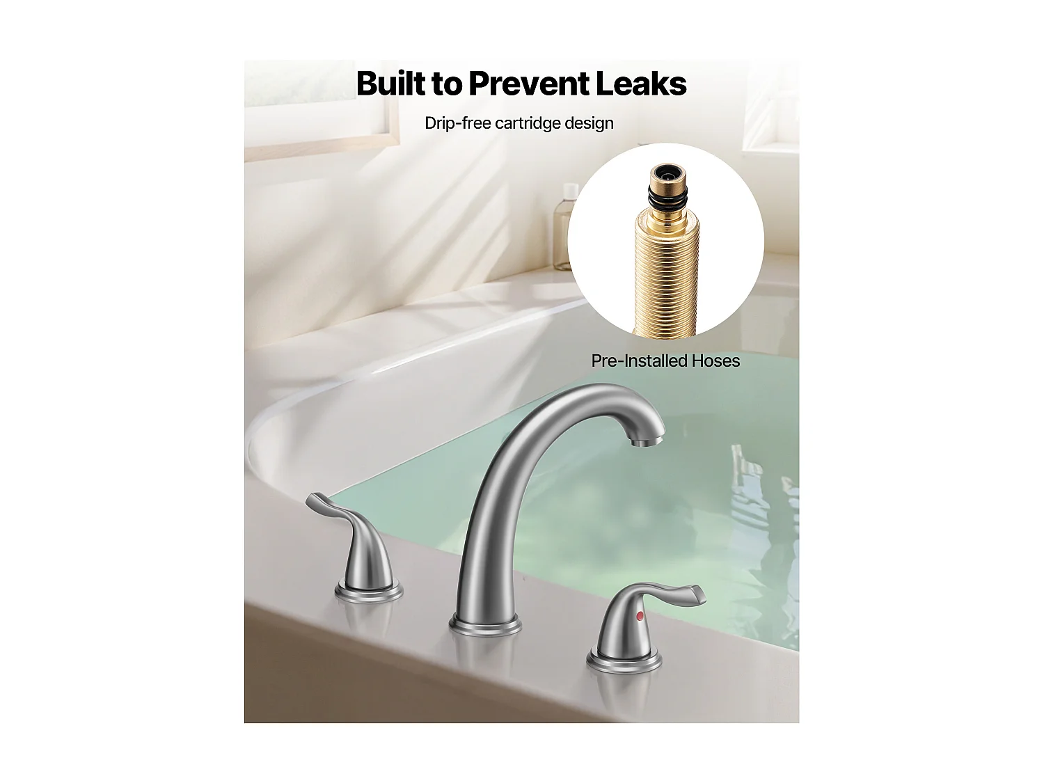 Badkuip Mengkraan Romeins SucceBuy, Badkuip Kraan Waterval Zwanenhals, Set van Kraanwerk 3 Gaten met 2 Handgrepen, Op het Aanrecht Montage