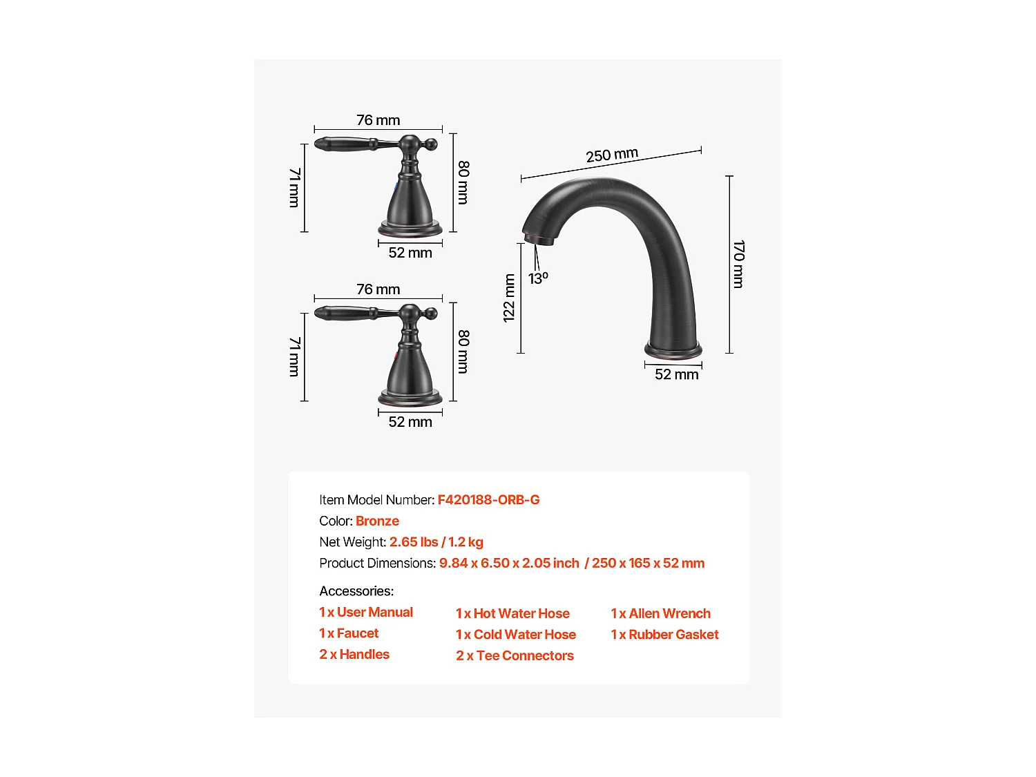 Bateria Wanna Rzymska SucceBuy, Kran do Wanny z Łabędzią Szyją z 3 Otworami i 2 Gałkami, Zestaw Armatury Łazienkowej z Montażem