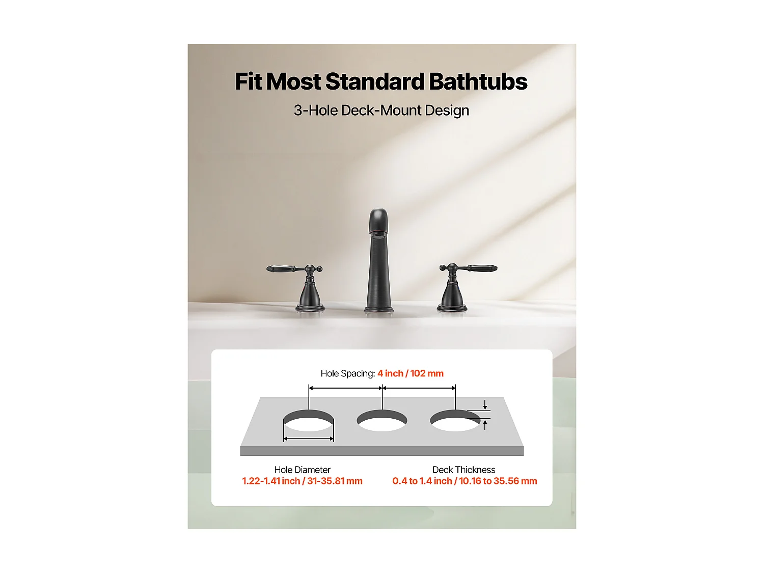 Bateria Wanna Rzymska SucceBuy, Kran do Wanny z Łabędzią Szyją z 3 Otworami i 2 Gałkami, Zestaw Armatury Łazienkowej z Montażem