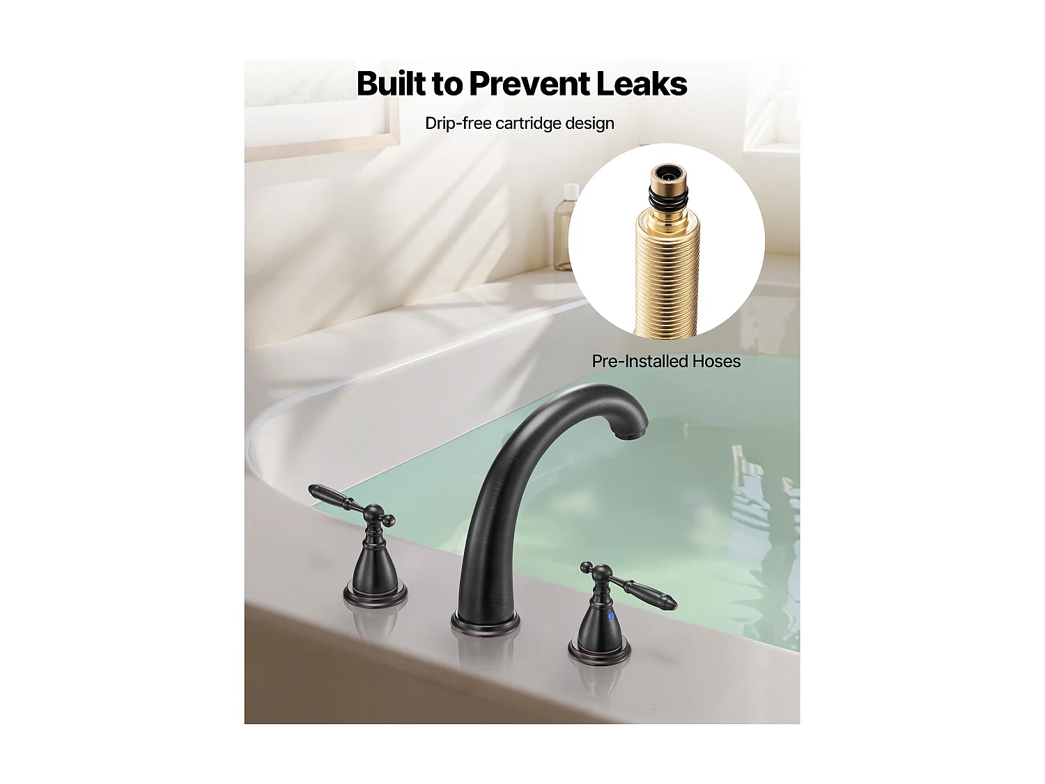 Bateria Wanna Rzymska SucceBuy, Kran do Wanny z Łabędzią Szyją z 3 Otworami i 2 Gałkami, Zestaw Armatury Łazienkowej z Montażem