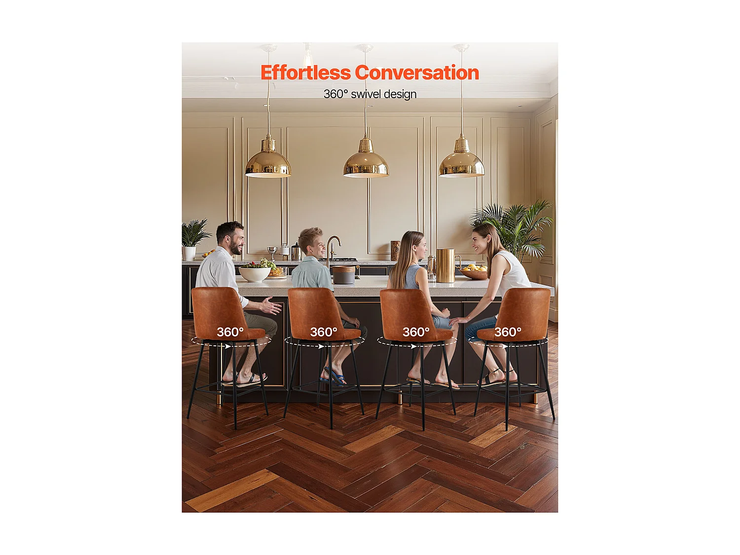 Banqueta de Bar SucceBuy, Lote de 2, Cadeira de Bar Moderna em Couro PU, Assento de Cozinha Giratório, 68.6 cm de Altura, com Encosto E Pés em Metal, Marrom