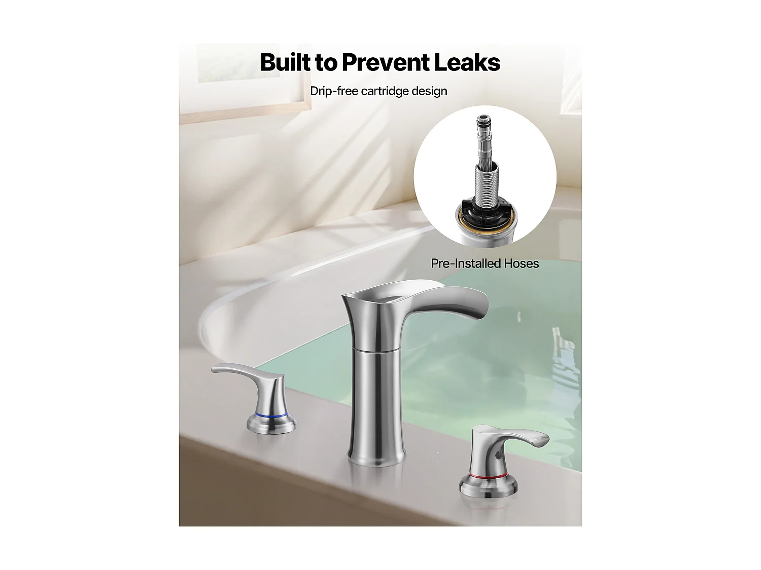 Badkuip Mengkraan Romeins SucceBuy, Badkamer Kraan Waterval, Set van Kraanwerk 3 Gaten met 2 Handgrepen, in Zinklegering, Op het Aanrecht Montage