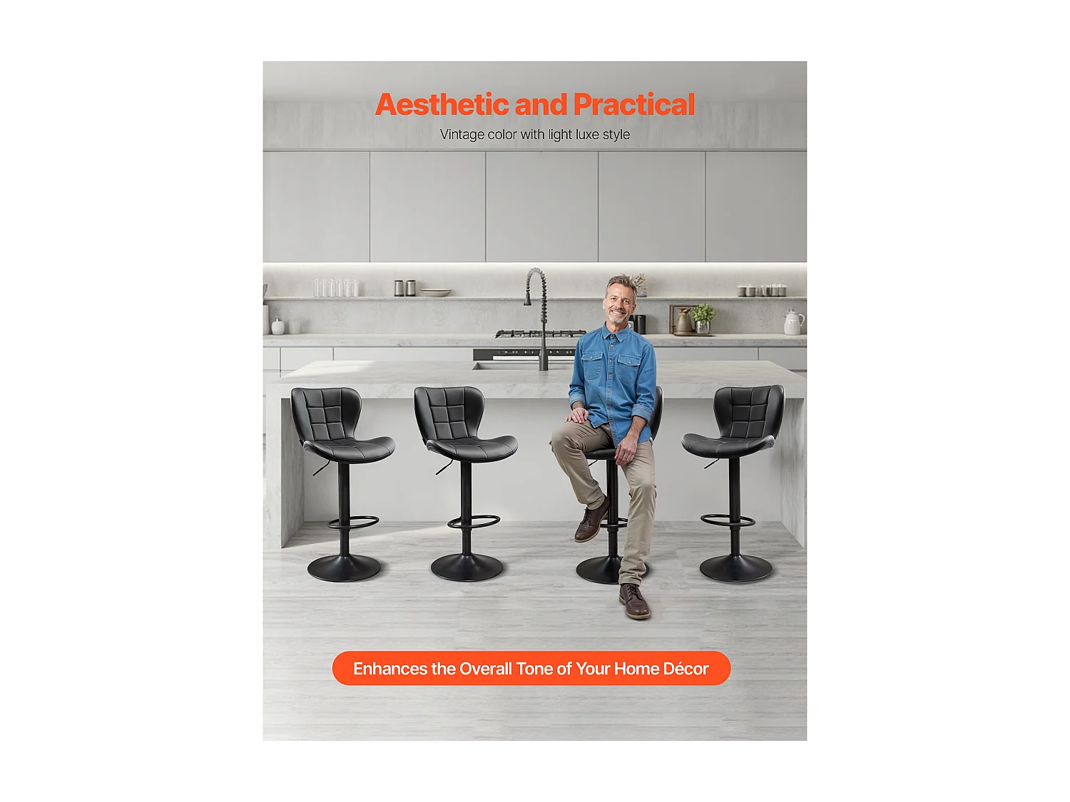 Barstoel SucceBuy, Set van 2, Moderne Barstoel in PU Leer, Draaibare Keukenstoel, Hoogte Verstelbaar, met Rugleuning En Voetensteun, Zwart