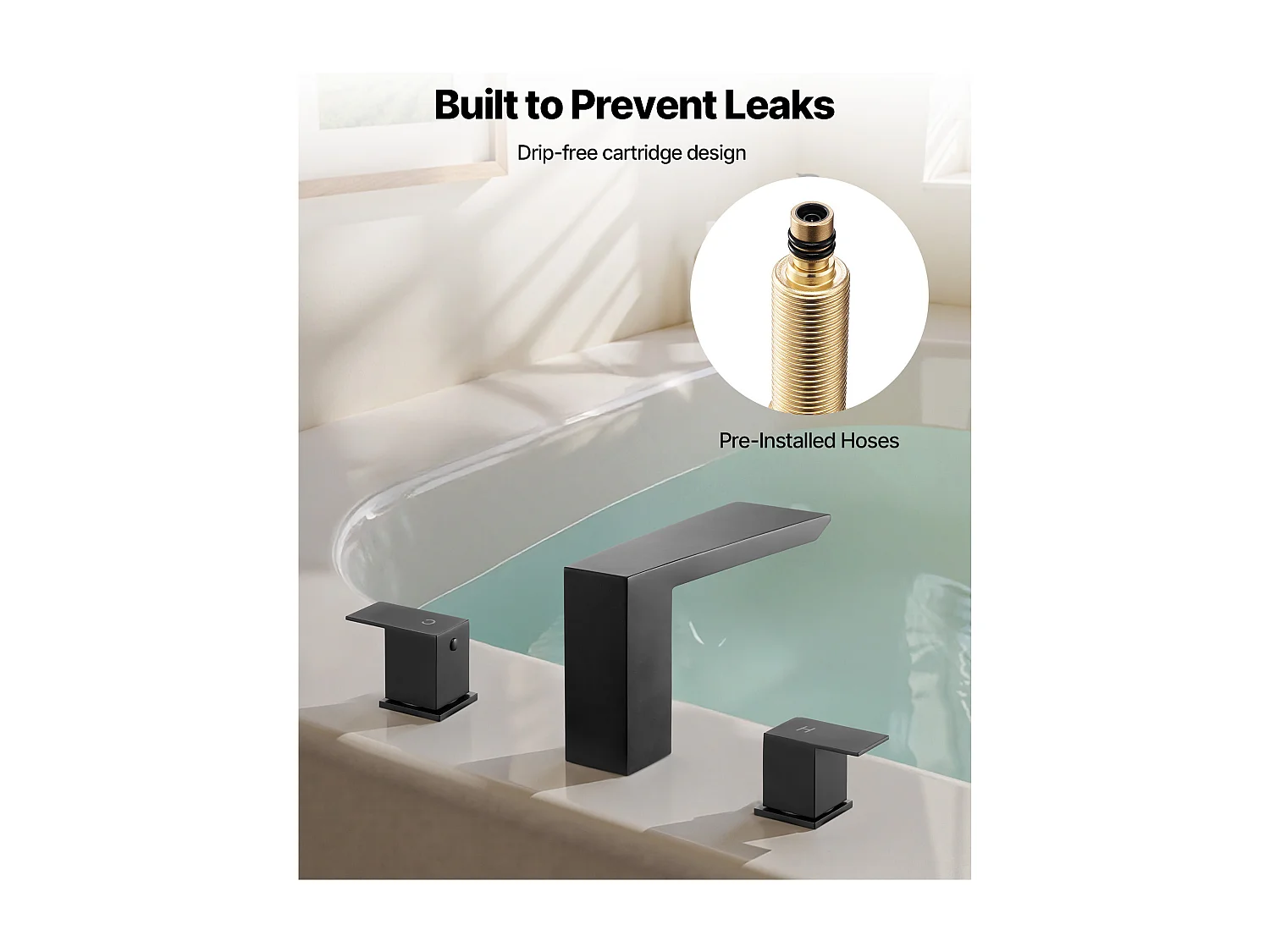 Badkuip Mengkraan Romeins SucceBuy, Badkuip Kraan 3 Gaten met 2 Handgrepen, Set van Badkamer Kraanwerk in Roestvrij Staal, Mat Zwart