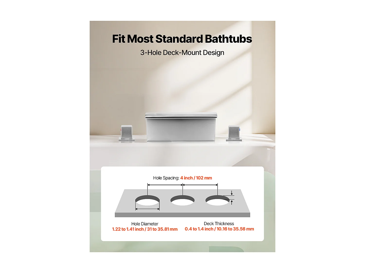 Badkuip Mengkraan Romeins SucceBuy, Badkuip Kraan Waterval, Set van Kraanwerk 3 Gaten met 2 Handgrepen, Dubbele Waterstroom, Op het Aanrecht Montage