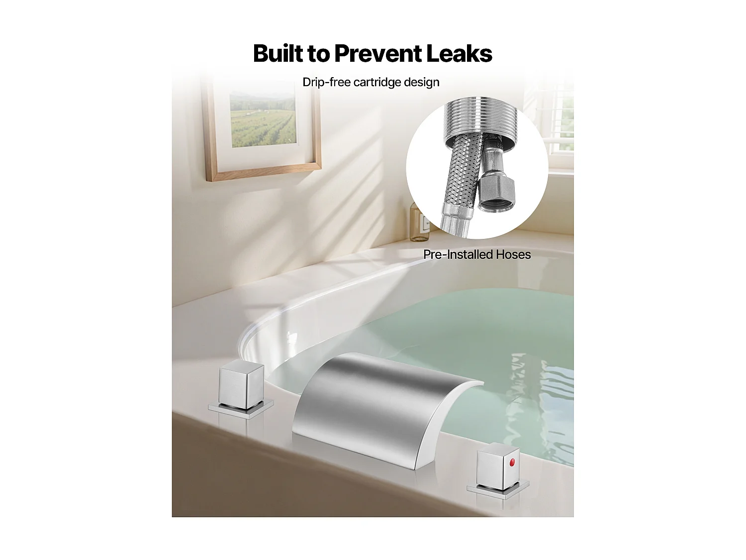 Badkuip Mengkraan Romeins SucceBuy, Badkuip Kraan Waterval, Set van Kraanwerk 3 Gaten met 2 Handgrepen, Dubbele Waterstroom, Op het Aanrecht Montage