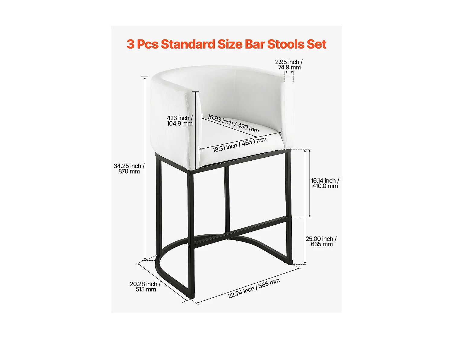 Barstoel SucceBuy, Set van 3, Barstoel in Stof, 63.5 cm Hoog, Keukenstoel met Rugleuning, Armleuningen, Metaalstructuur En Voetensteun, Wit