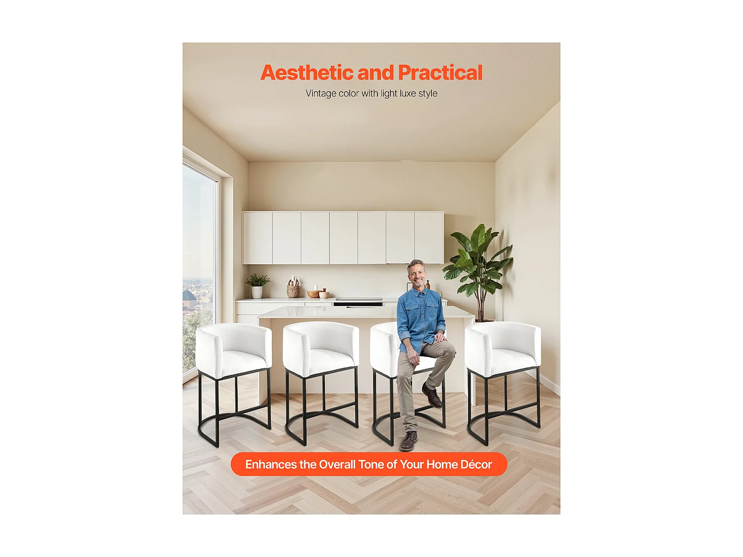 Barstoel SucceBuy, Set van 3, Barstoel in Stof, 63.5 cm Hoog, Keukenstoel met Rugleuning, Armleuningen, Metaalstructuur En Voetensteun, Wit