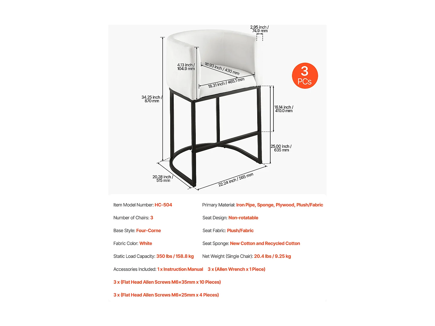 Tabouret de Bar SucceBuy, Lot de 3, Chaise de Bar en Tissu, 63.5 cm Haut, Siège de Cuisine avec Dossier, Accoudoirs, Structure en Métal Et Repose-pieds, Blanc